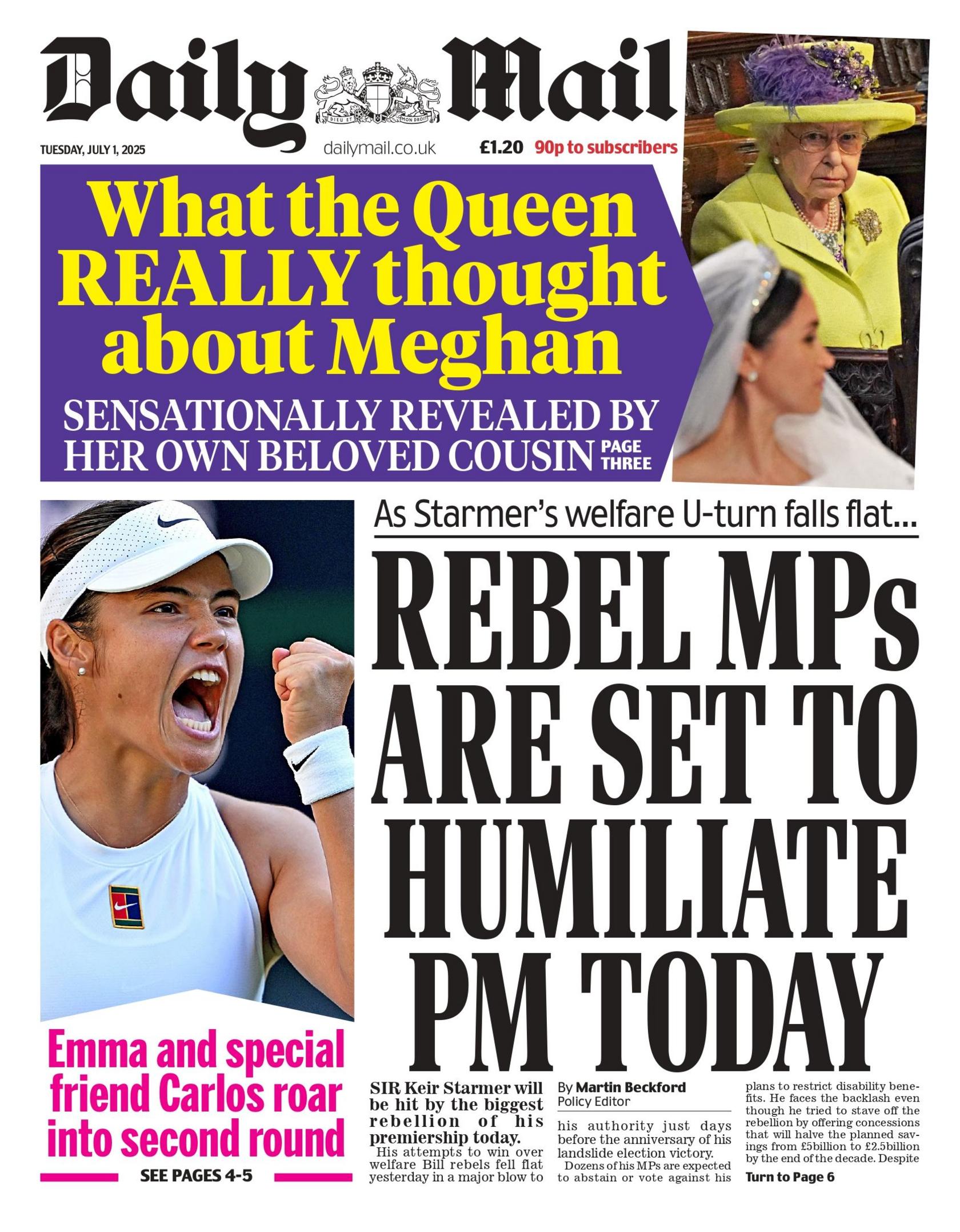 "Rebel MPs are set to humiliate PM today" reads the front page of the Daily Mail.