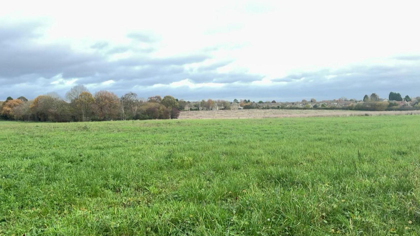 A large green field stretches into the background. A line of trees can be seen at the edge of one of the fields and a few houses can be seen in the distance.