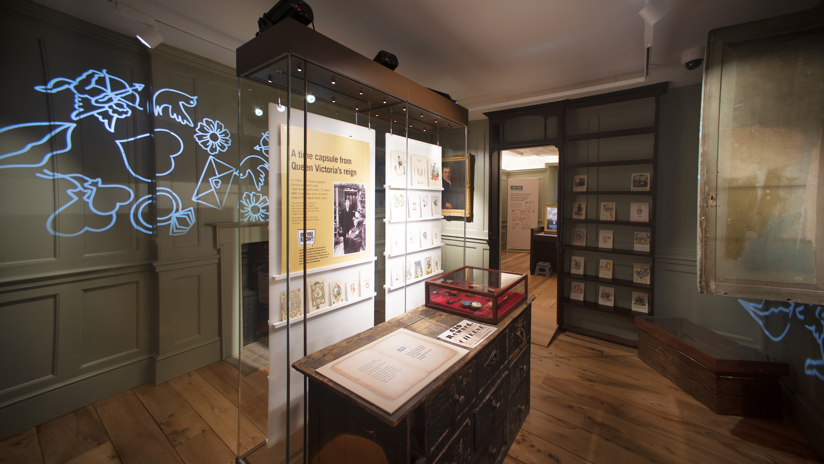 A picture of part of the museum, which includes the Valentine's Day cards in a glass case. 