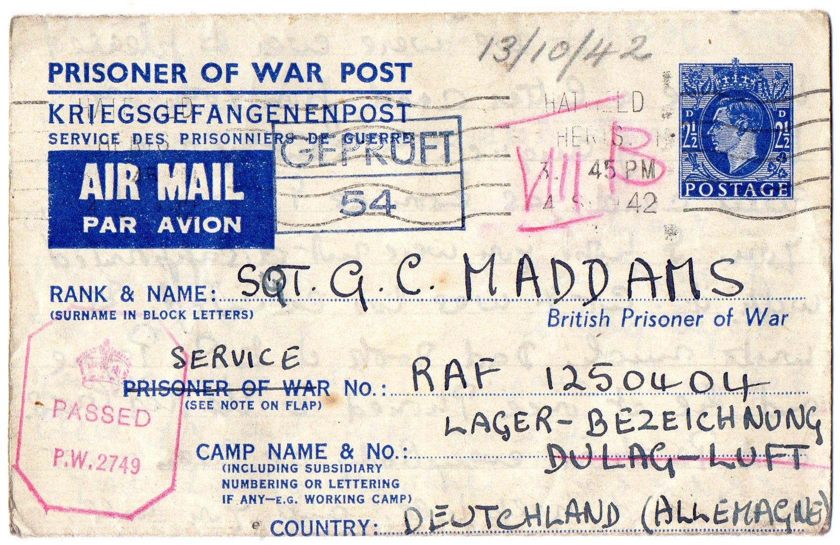 An airmail letter, with a handwritten address, to Sgt GC Maddams, British Prisoner of War. It is dated 13/10/42 and has details of the camp name and Geoff's service number.