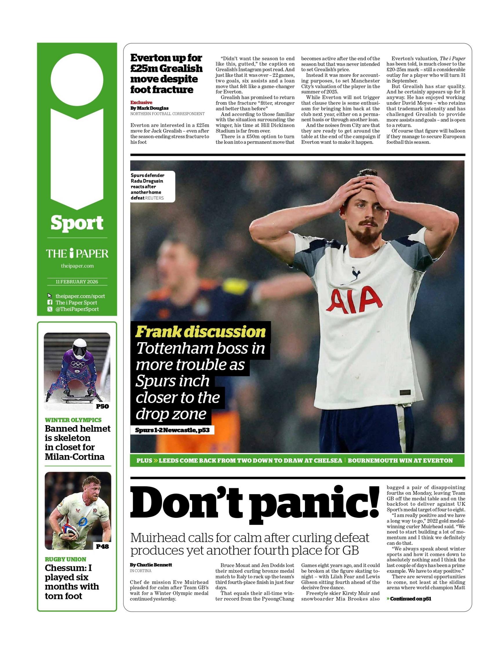 Back page of the i newspaper with the headline "Frank discussion - Tottenham boss in more trouble as Spurs inch closer to the drop zone".