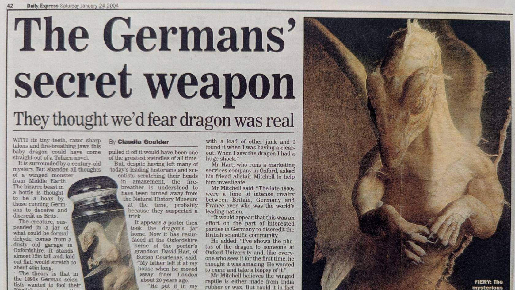 Daily Express article from January 2004 featuring images of the pickled dragon and the headline "The Germans' secret weapon. They thought we'd fear dragon was real"