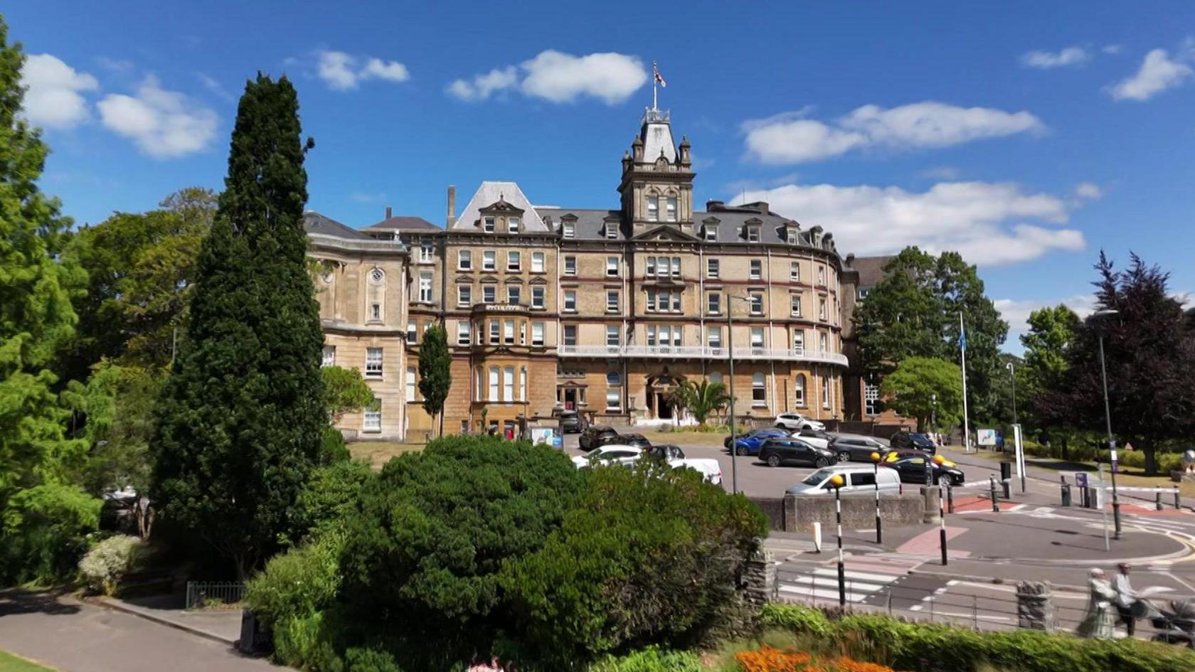 Drone picture of the front of Bournemouth town hall, the home of BCP council.