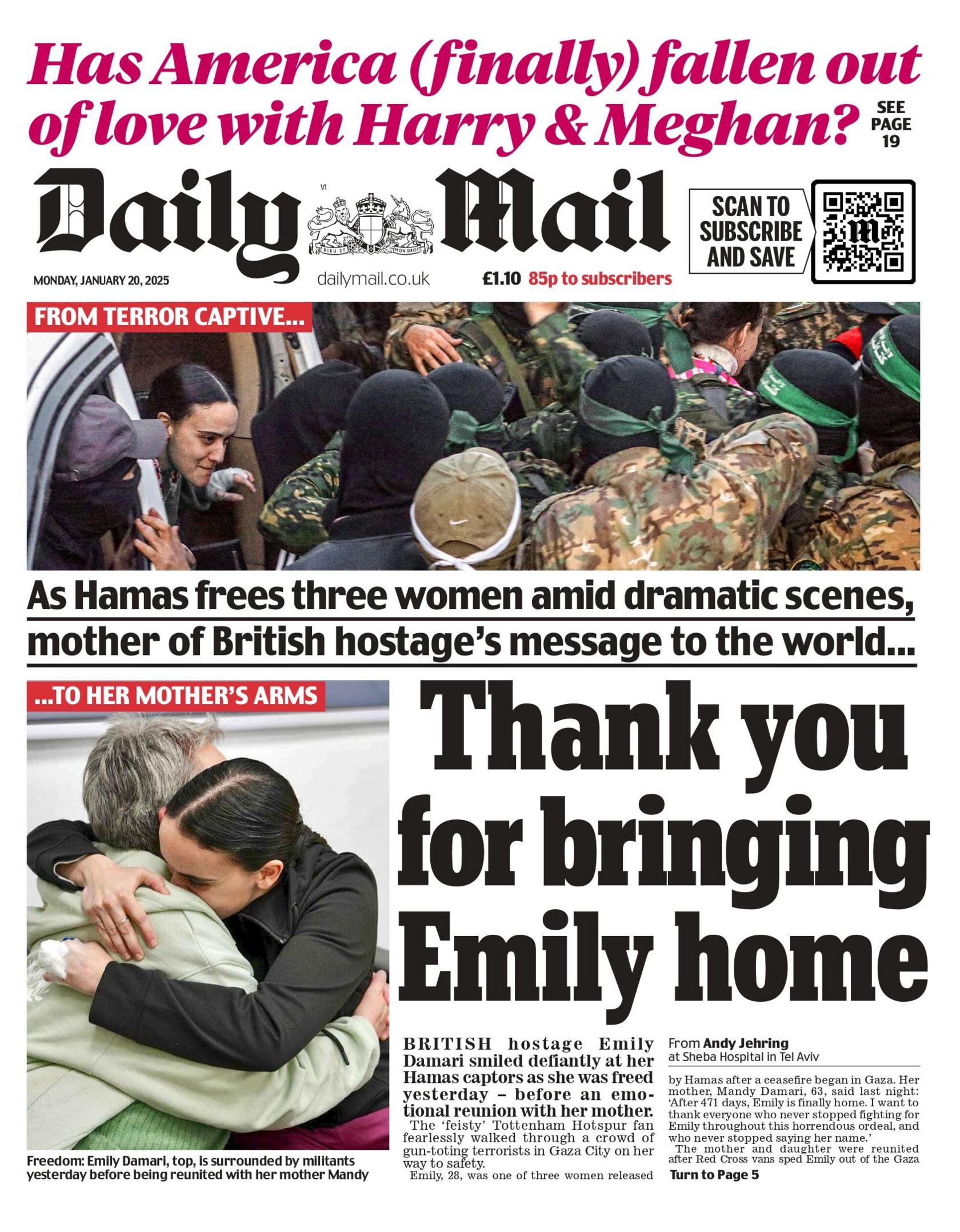 The front page of the Daily Mail says: "Thank you for bringing Emily home"> 