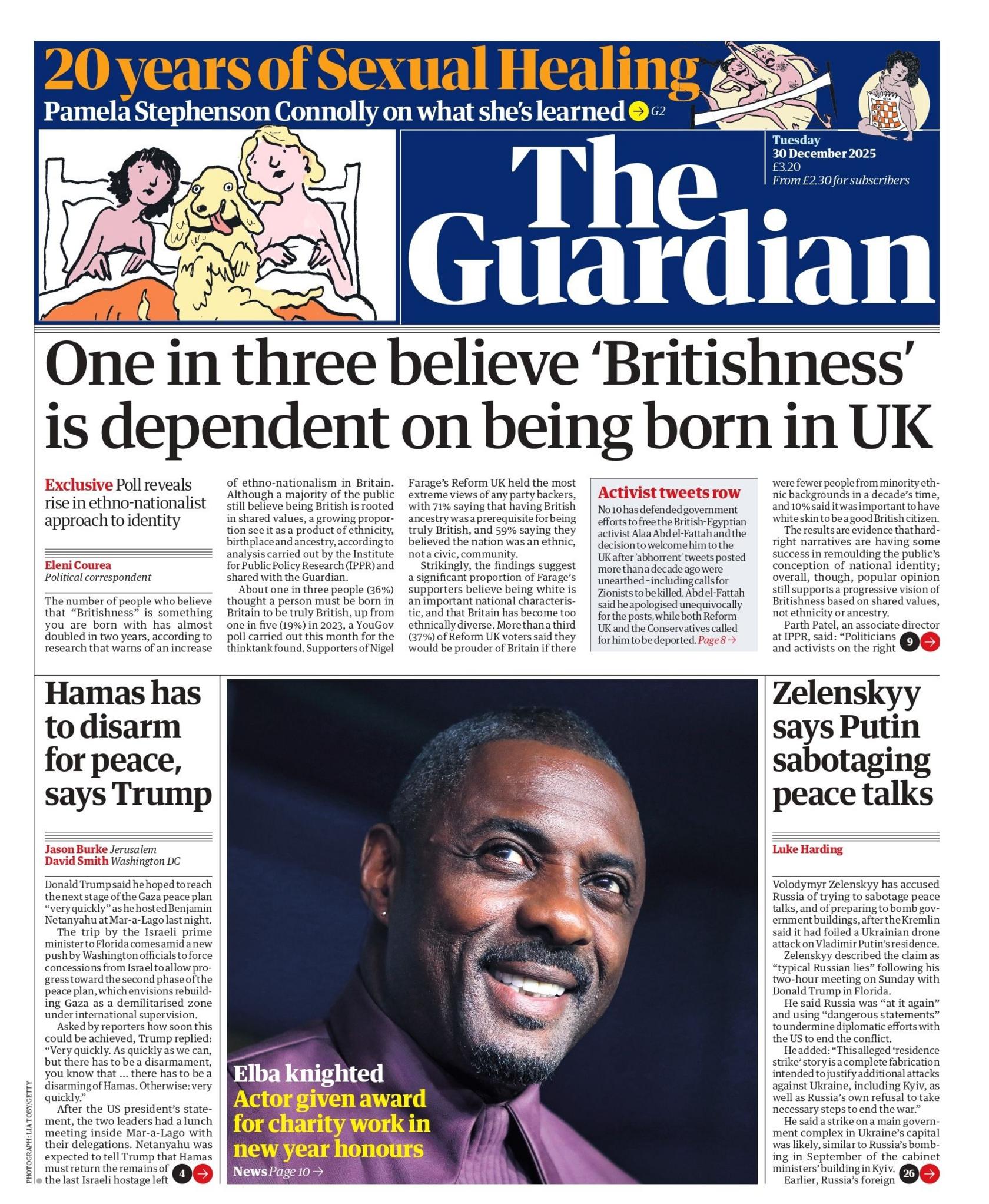 “Një në tre veta besojnë se ‘britanizmi’ varet nga lindja në Mbretërinë e Bashkuar”, thuhet në titullin kryesor të gazetës Guardian në faqen e parë.