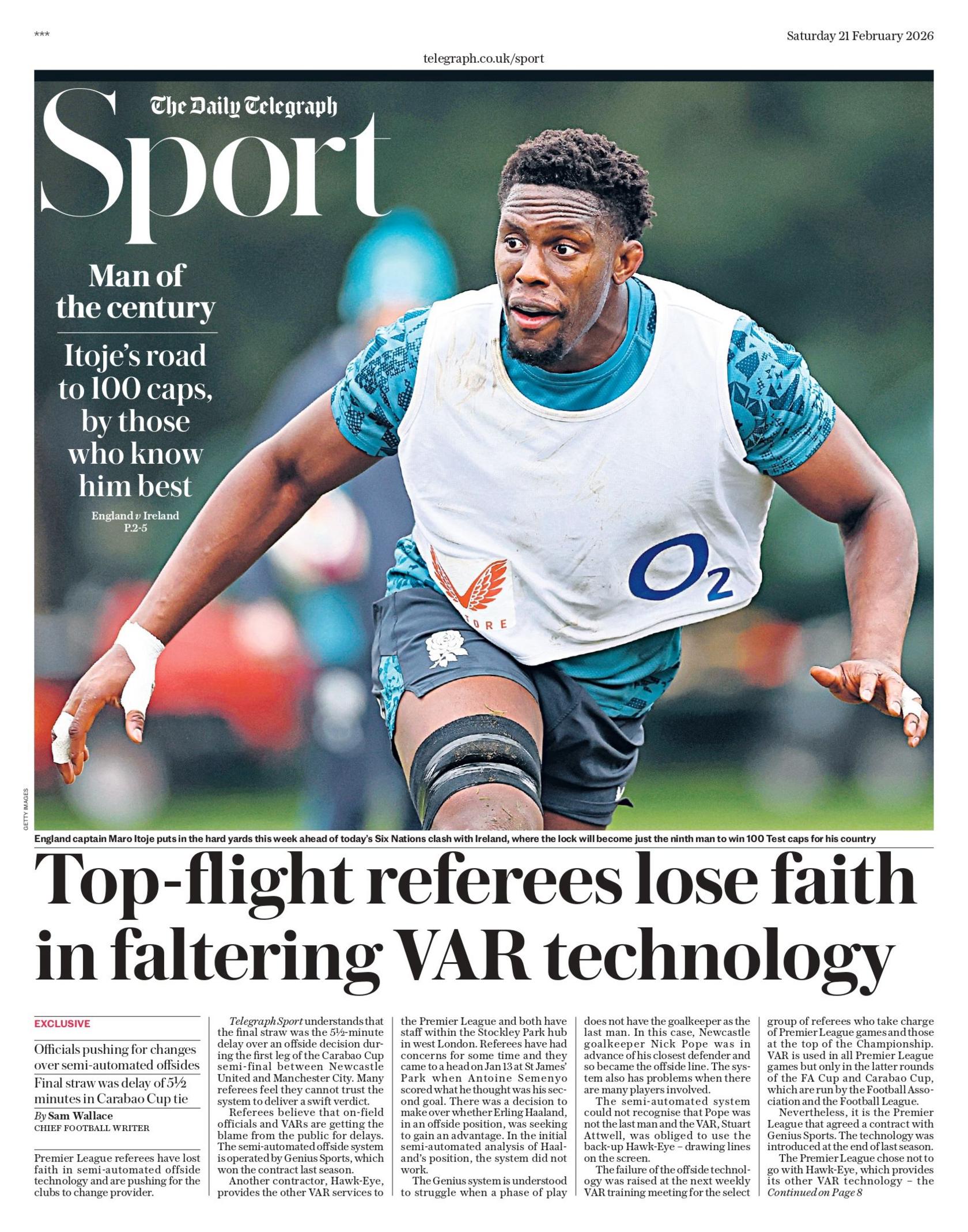 Backpage of the Telegraph's Sport section with the headline "Top-flight referees lose faith in faltering VAR technology".