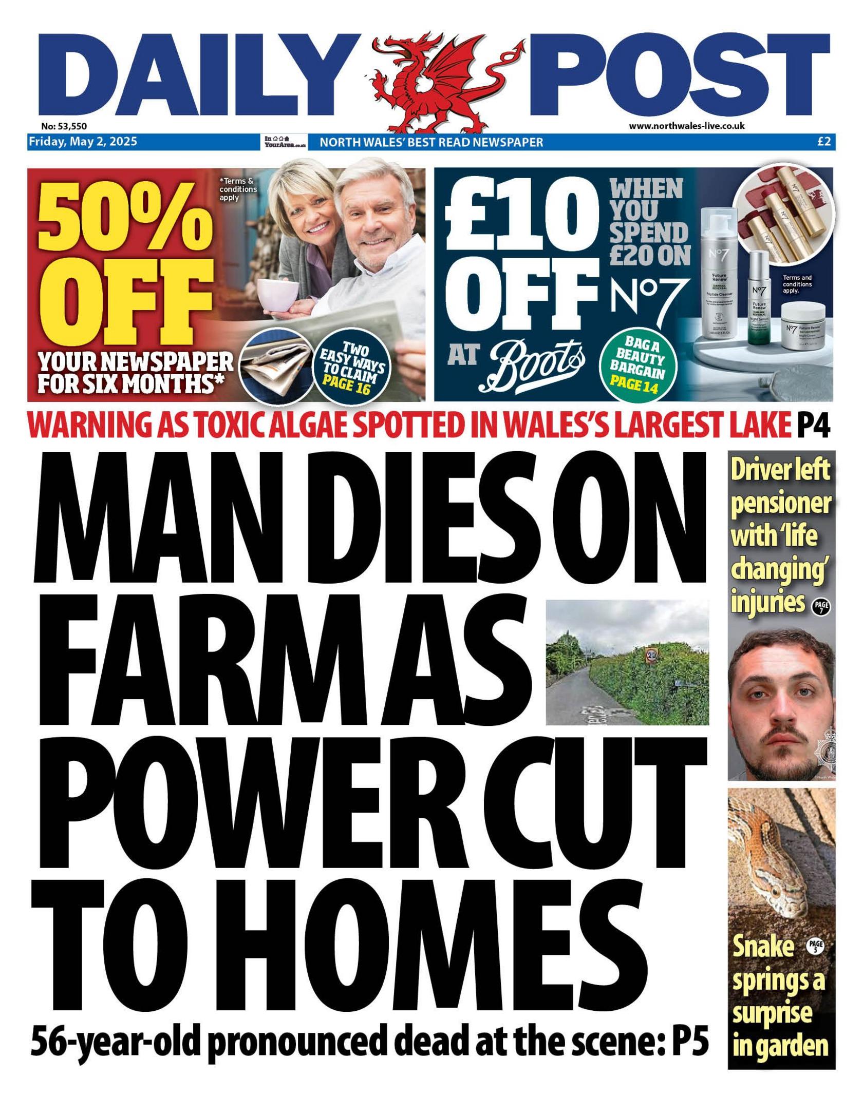 Front page of the Daily Post. Main headline reads: Man dies on farm as power cut to homes. 56-year-old pronounced dead at the scene. Other headlines read: Driver left pensioner with 'life-changing' injuries, warning as toxic algae spotted in Wales' largest lake and snake springs surprise in garden. 
