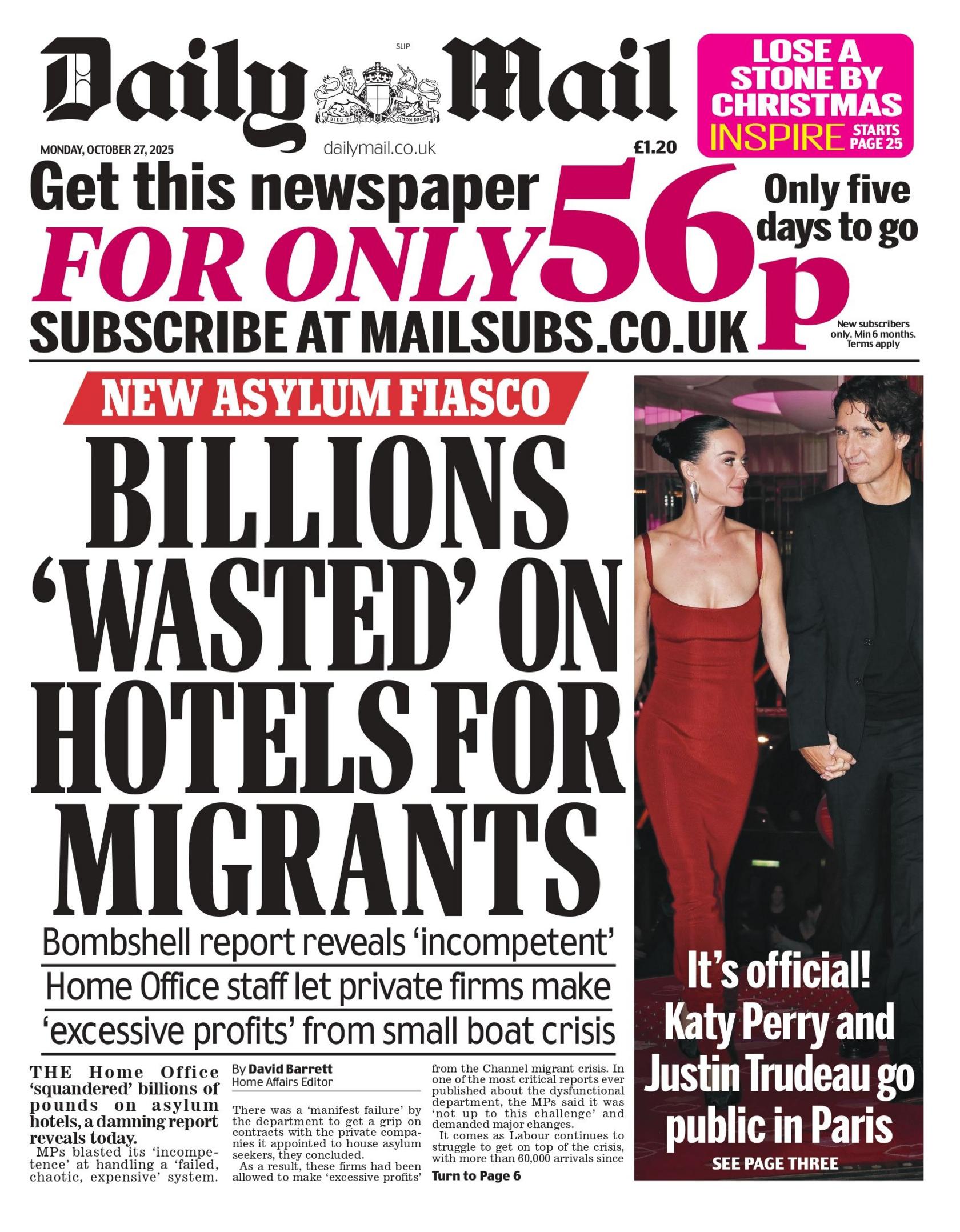 "Billions 'wasted' on hotels for migrants" reads the headline on the front page of the Daily Mail.