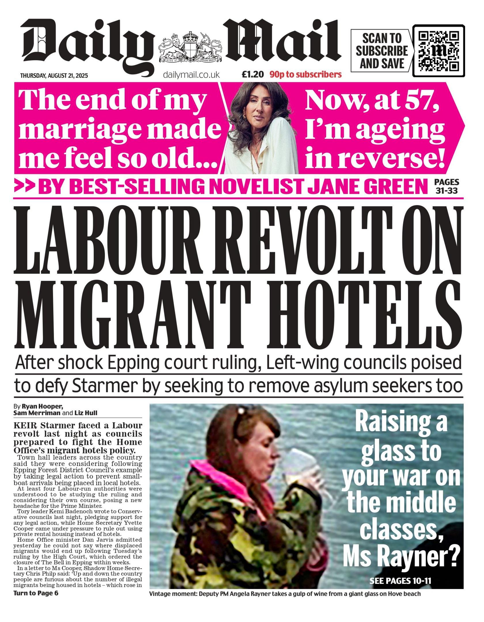 "Labour revolt on migrant hotels" reads the headline on the front page of the Daily Mail.