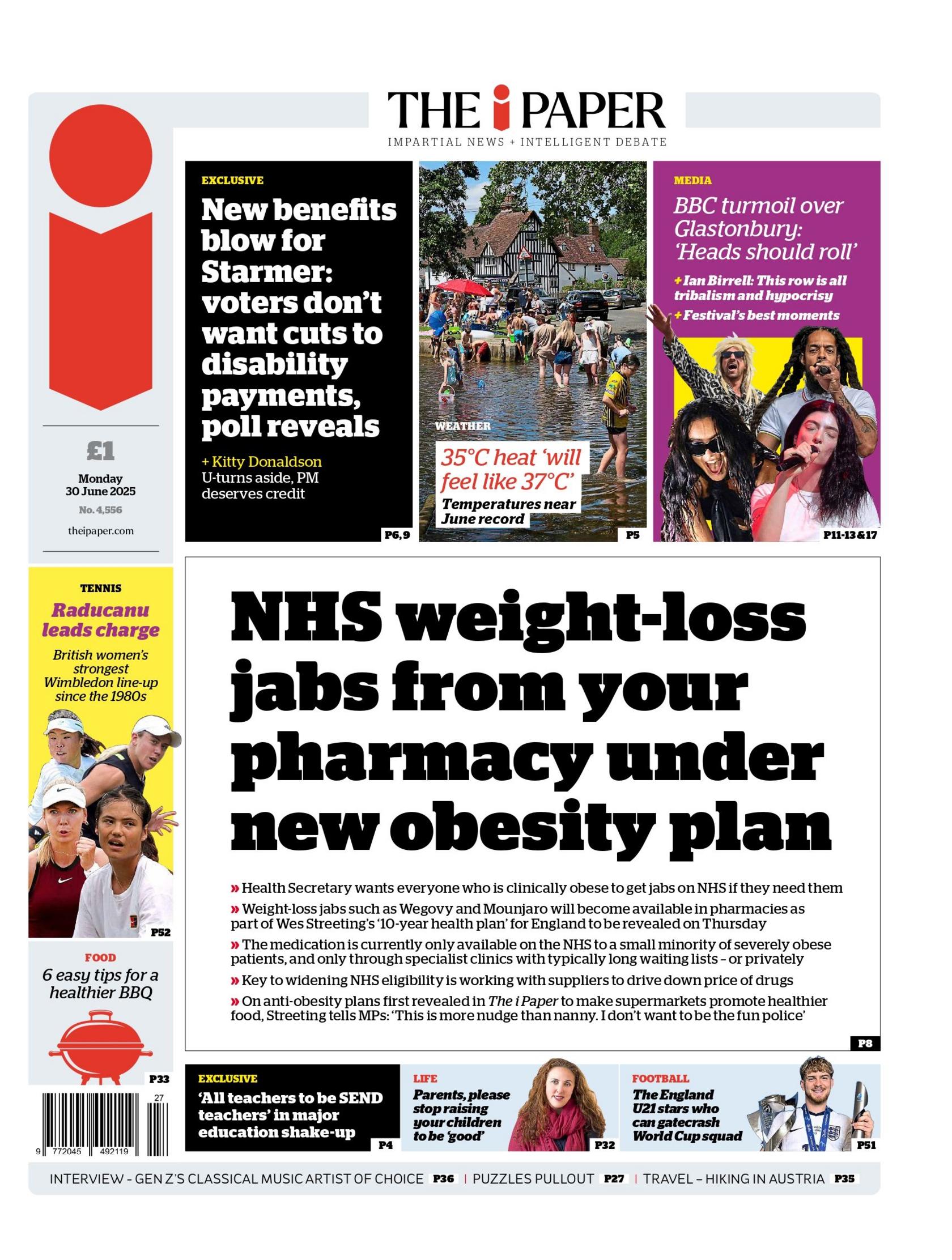 "NHS weight-loss jabs from your pharmacy under new obesity plan" reads the headline on the front page of The i Paper.