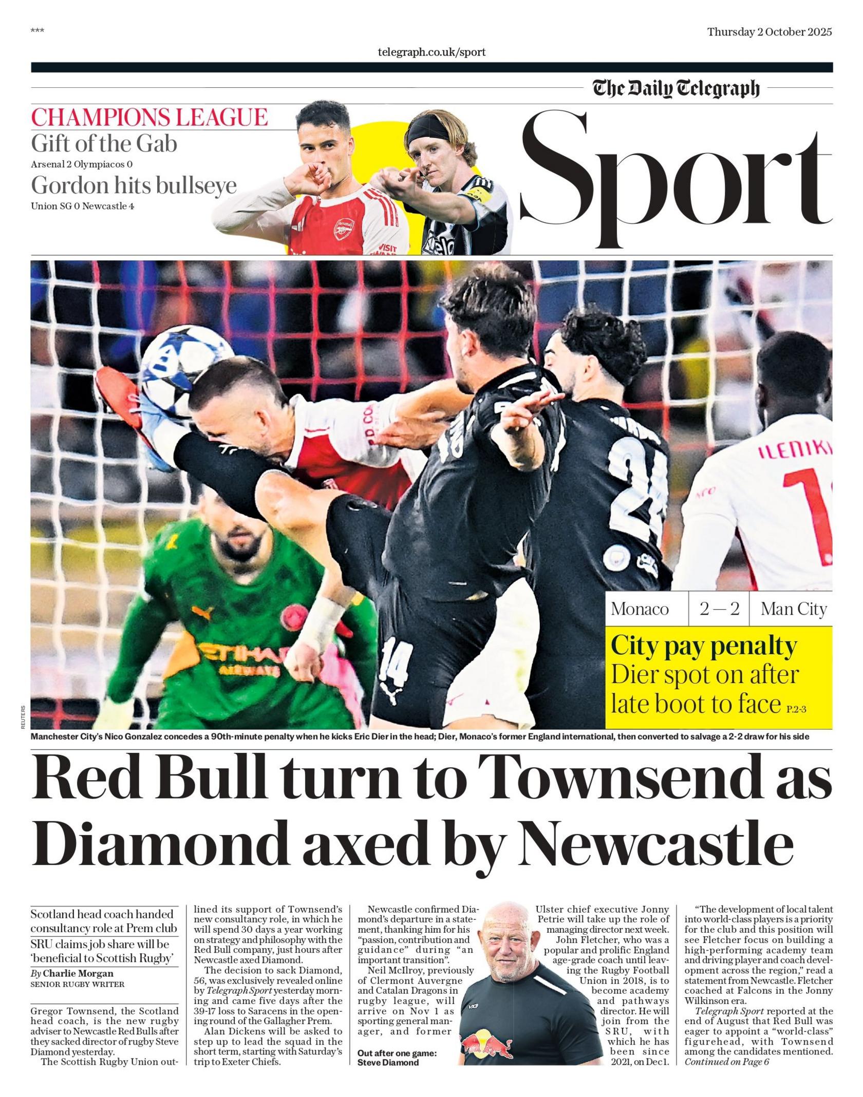 Front page of Telegraph sports section