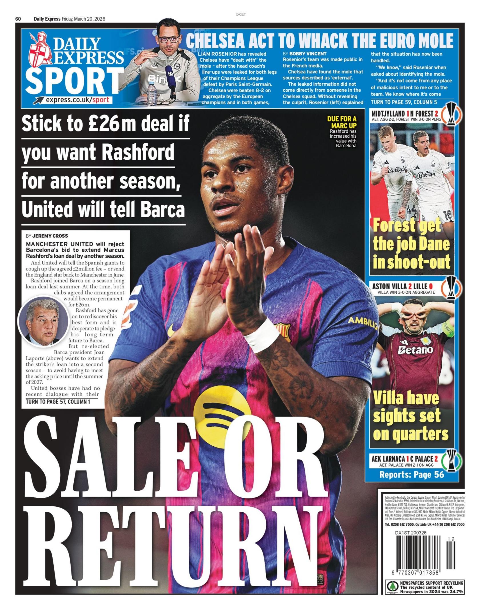 Backpage of the Express with the headline "Sale or return".