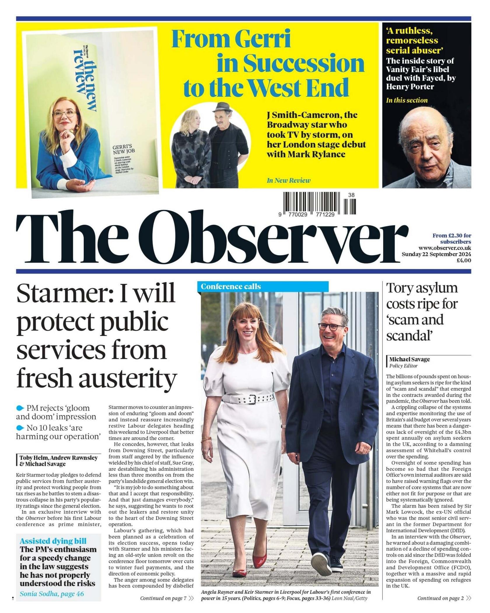 The Observer headline reads: Starmer: I will protect public services from fresh austerity