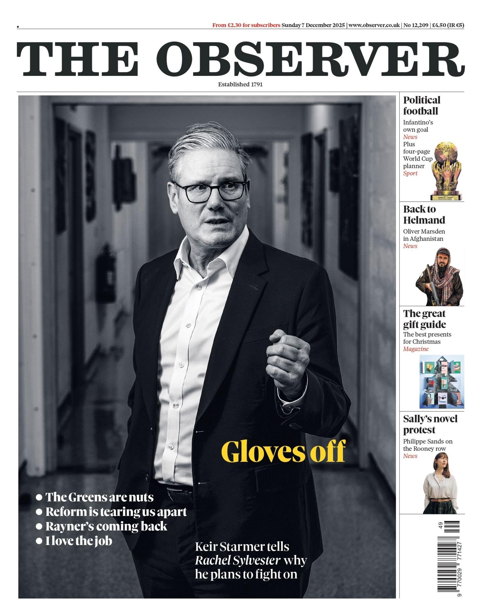 "Hiq dorezat: Keir Starmer i tregon Rachel Sylvester pse planifikon të vazhdojë të luftojë", shkruhet në titullin kryesor në faqen e parë të gazetës Observer të Guardian.