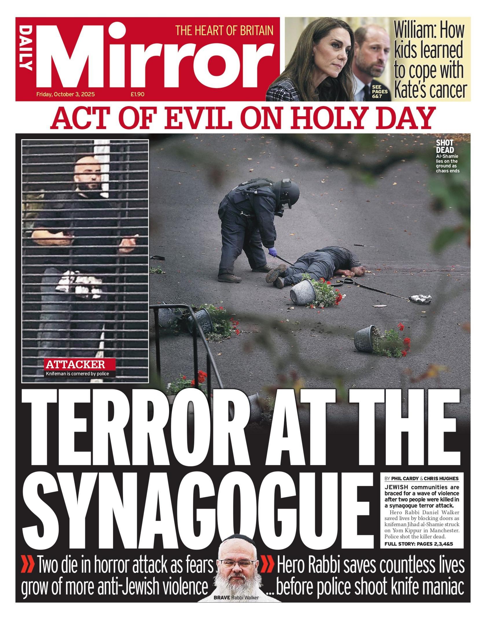 The headline on the front page of the Daily Mirror reads: "Terror at the Synagogue".