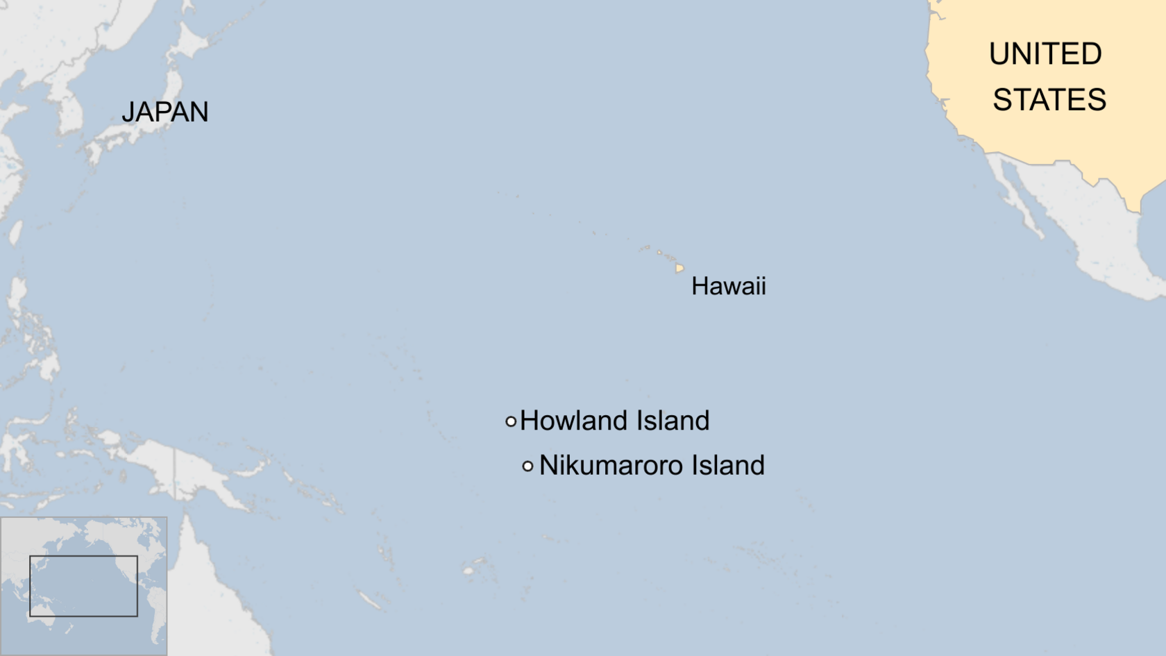 Map showing Pacific Ocean and the relative locations of the US, Japan, Howland Island and Kikumaroro Island