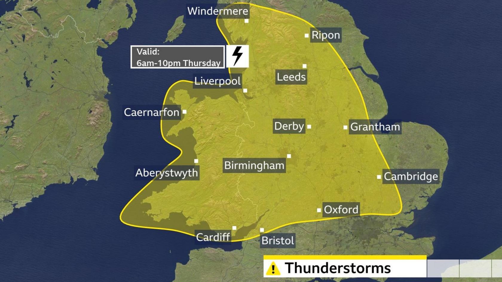 A weather map showing the yellow thunderstorm area for Thursday, encompassing Windermere, Ripon, Leeds, Liverpool, Caernarfon, Derby, Grantham, Aberystwyth, Birmingham, Cambridge, Oxford, Cardiff and Bristol. 