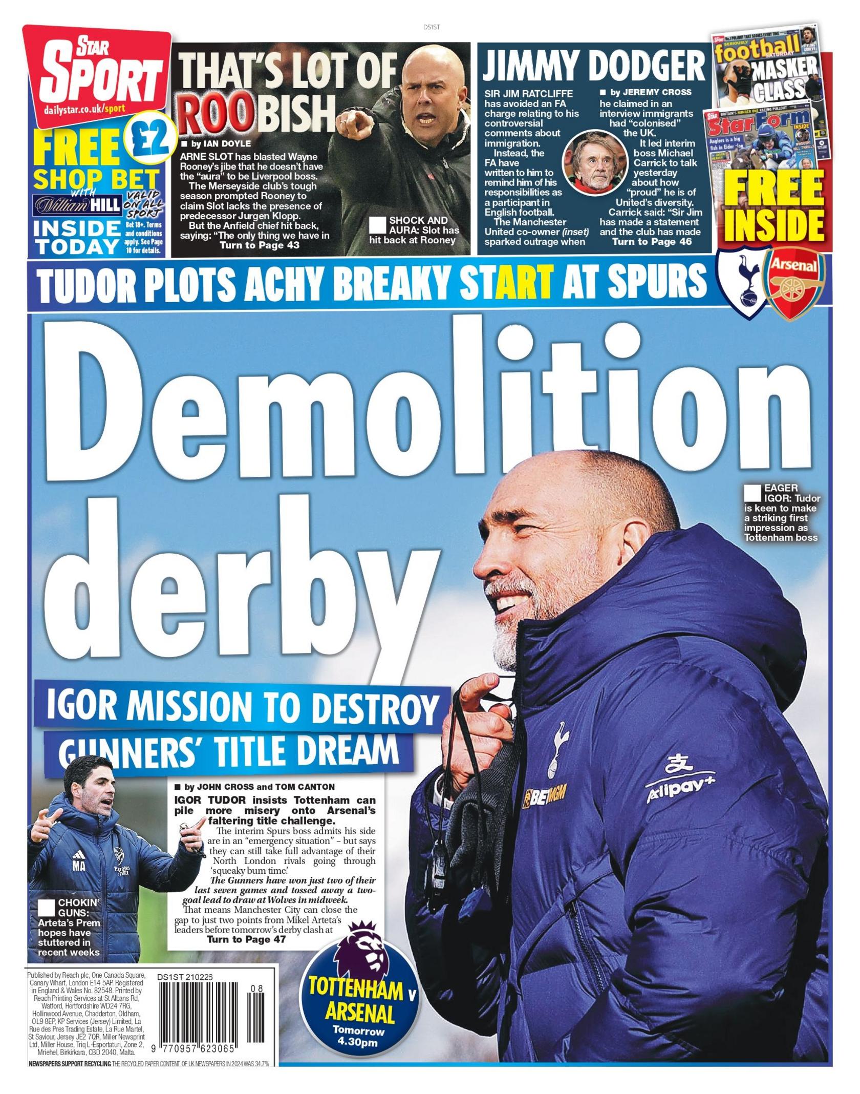 Star back page with the headline "Demolition derby" and pictures of Igor Tudor and Mikel Arteta.