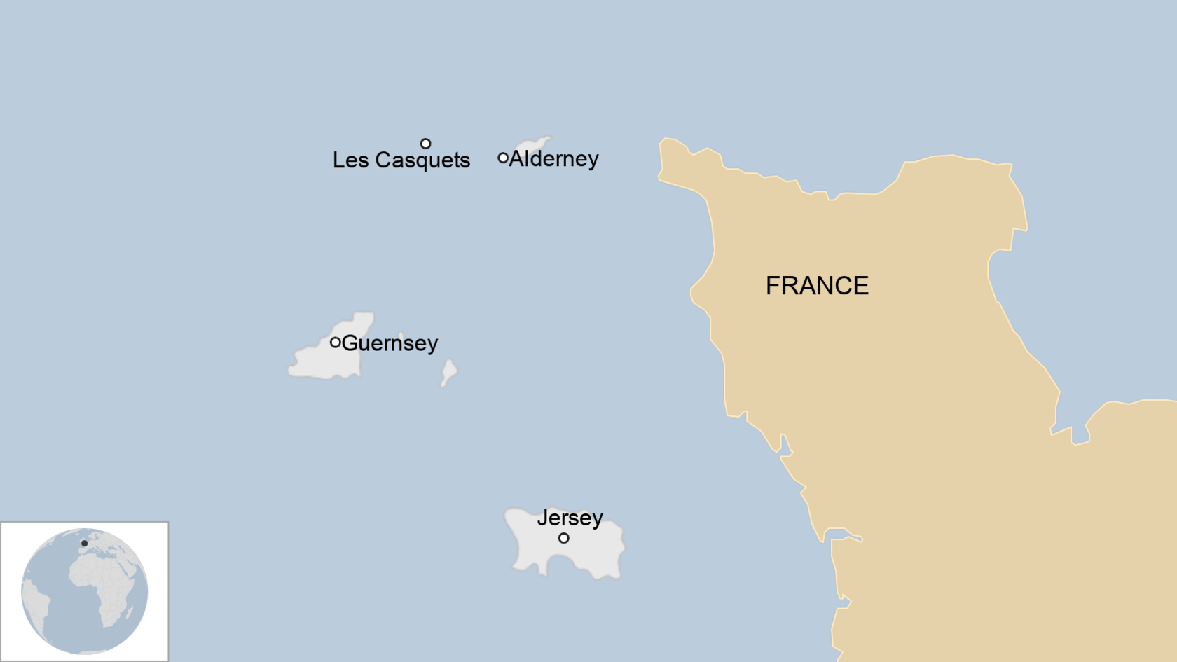 Map showing Les Casquets, France, Alderney, Jersey and Guernsey