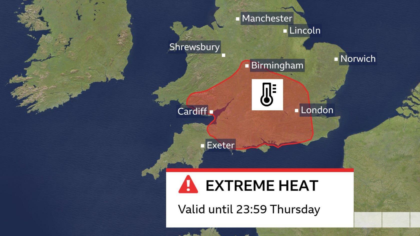 graphic showing a red warning area across the south Midlands, south-east Wales and southern England