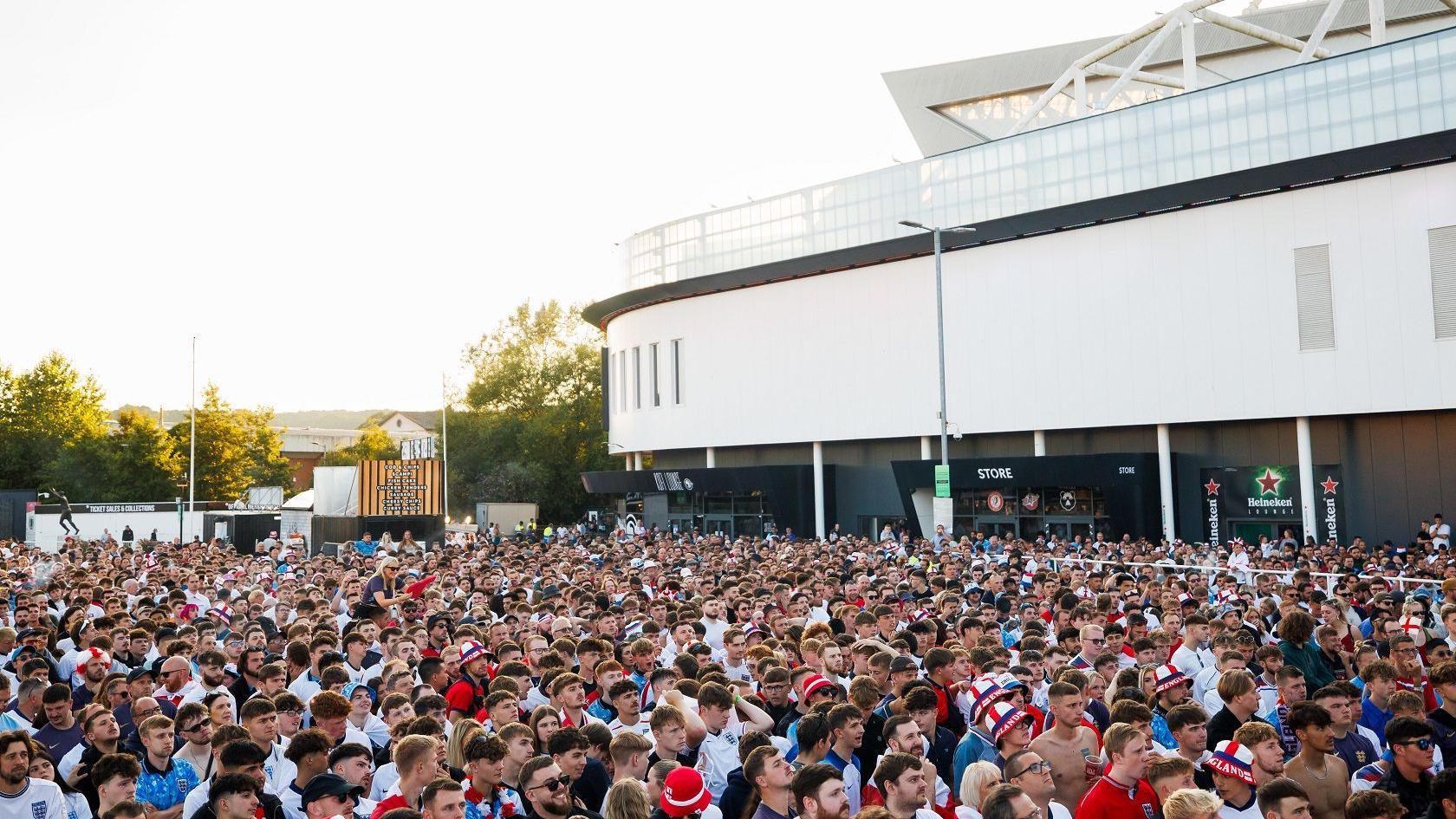 Thousands of England fans watch the final of Euro 2024 in the outdoor area at Ashton Gate Stadium