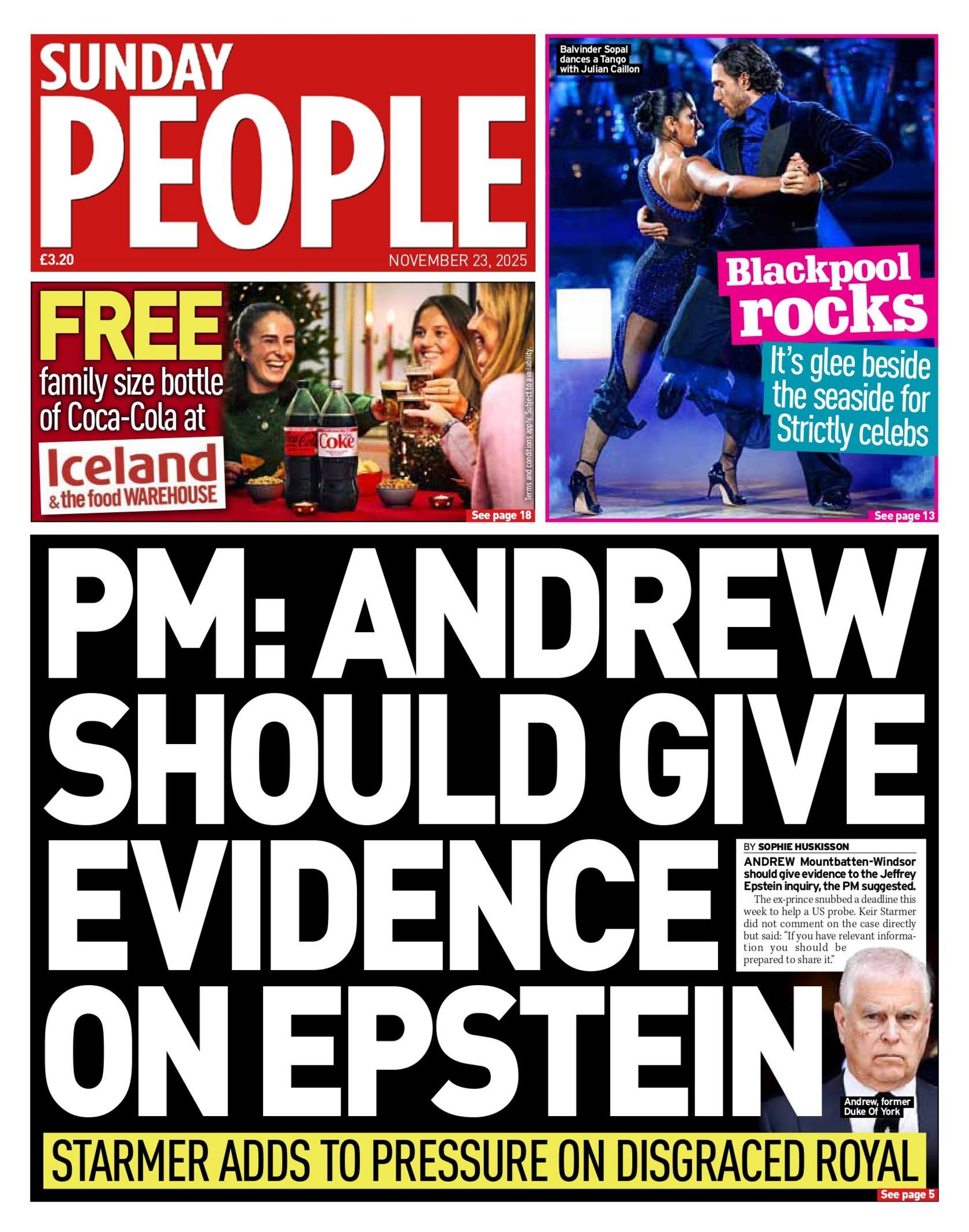 The headline on the front page of Sunday People reads: "PM: Andrew should give evidence on Epstein".