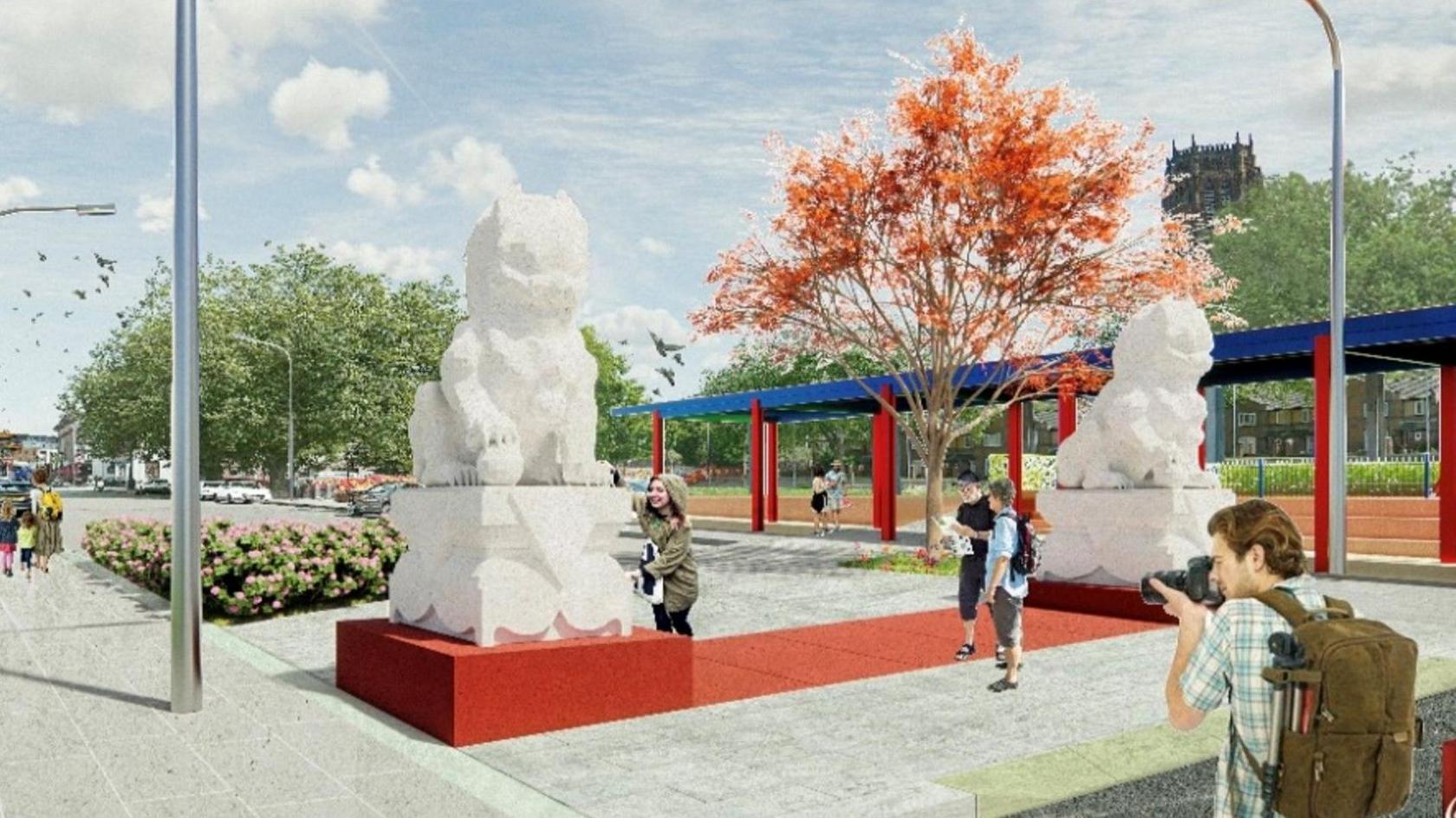 Two stone lion statues stand on a red plinth on a pavement, with trees and shrubbery nearby 