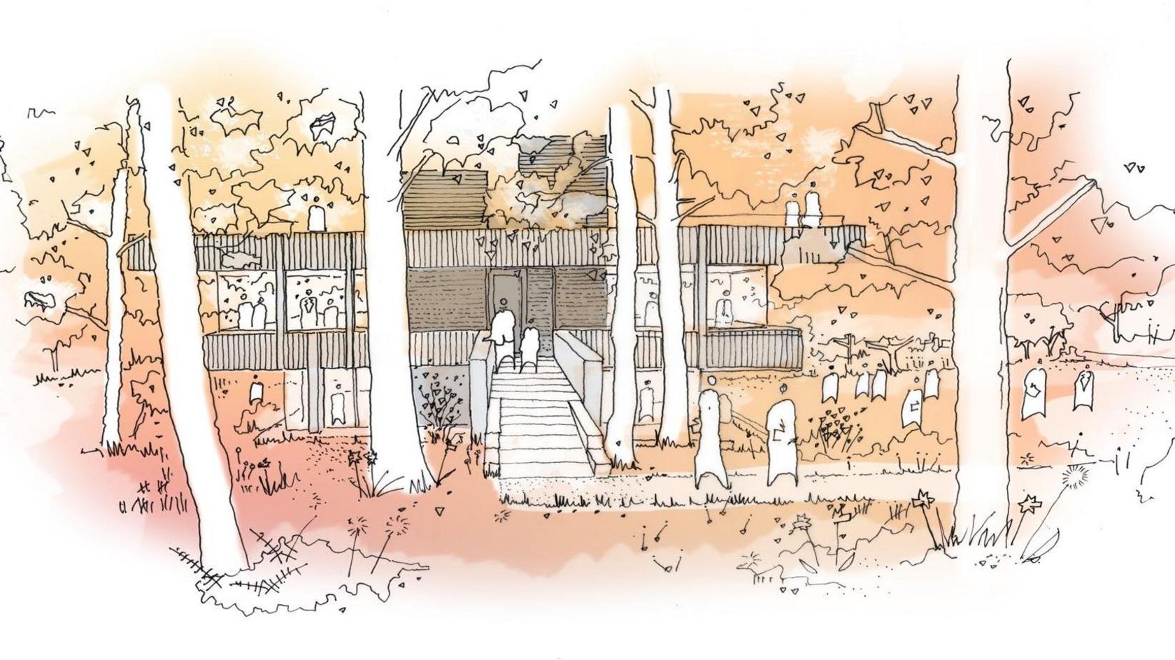 A drawing of how a visitor centre might look at the studio with figures milling around, trees and a leafy scene