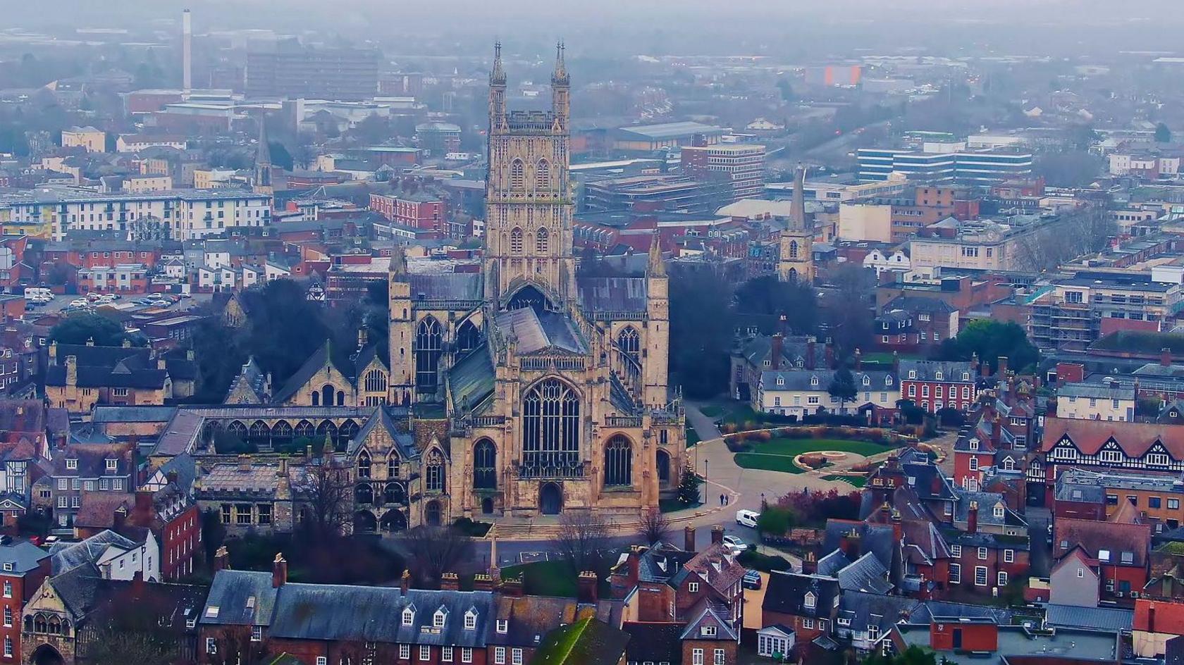 An aerial picture of Gloucester city centre showing the cathedral