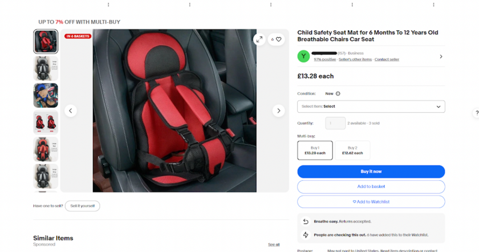 A screenshot of an eBay listing for a child's car seat.