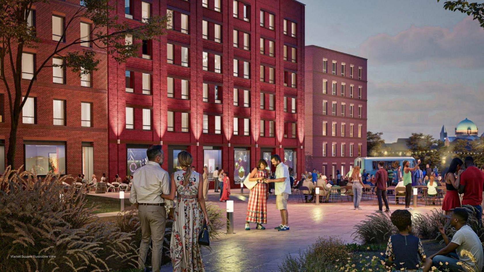 Artist's impression of people standing in front of a block of flats. It is a six-storey building with shops and cafes on the ground floor. Some people are sitting on grassy areas and some at tables in a courtyard in front of the building.