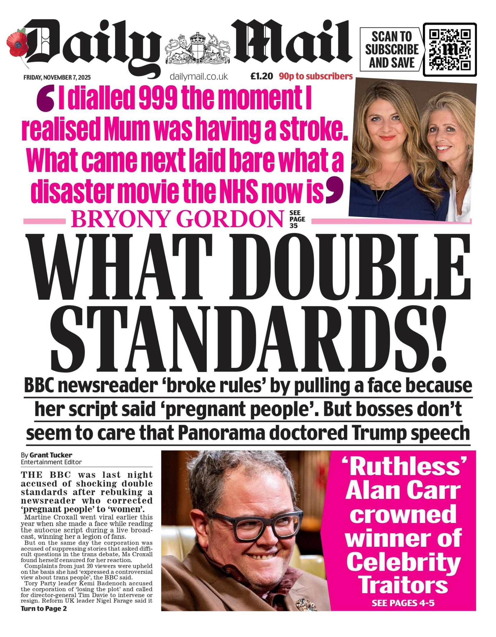 "WHAT DOUBLE STANDARDS! BBC newsreader 'broke rules' by pulling a face because her script said 'pregnant people'. But bosses don't seem to care that Panorama doctored Trump speech", is the headline on the front page of the Daily Mail