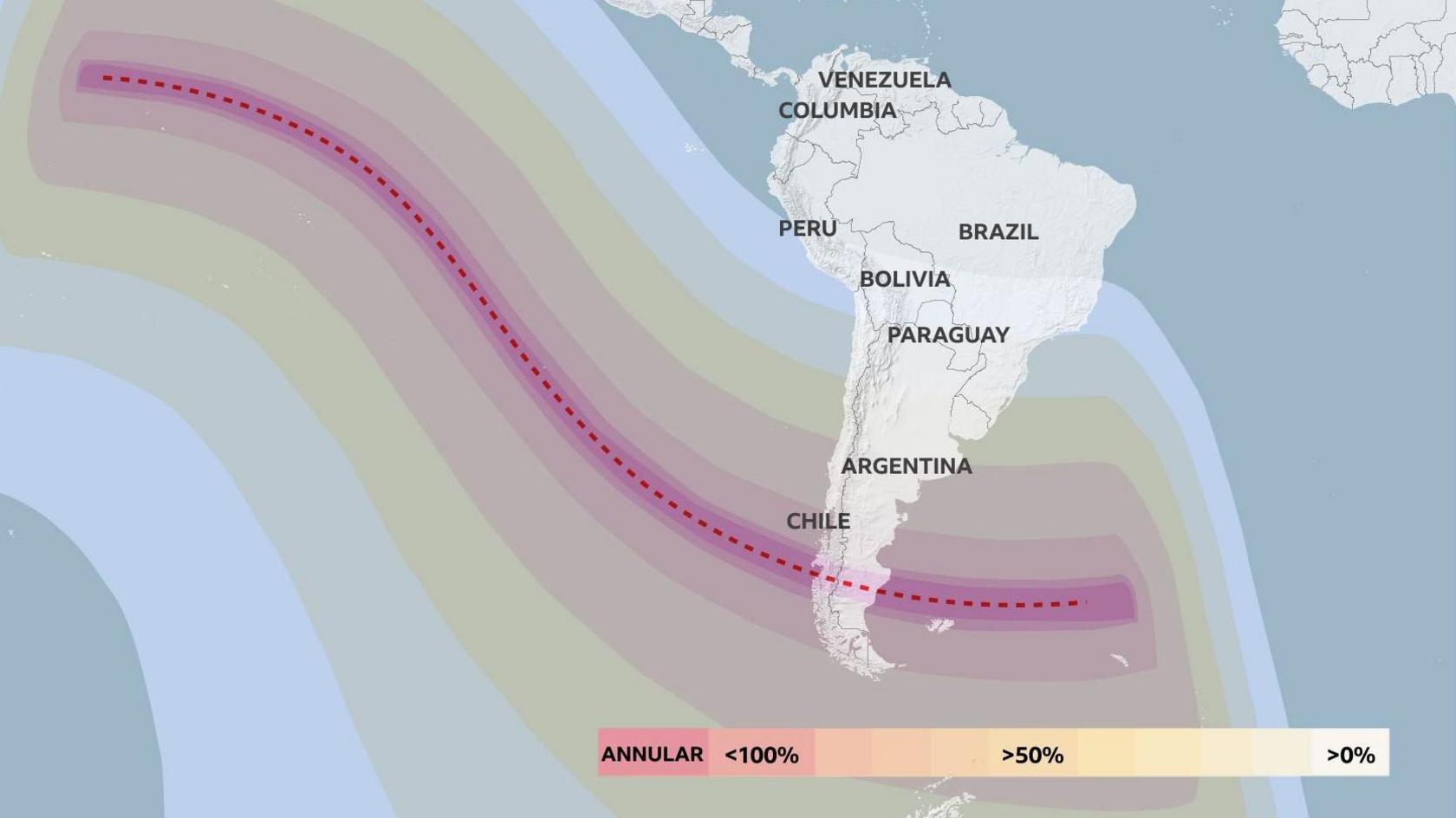 Map of the southern Pacific and South America with the path of the annular solar eclipse. Peak through the South Pacific Ocean toward and crossing southern Chile and Argentina towards the Falkland Islands. Away from that narrow path, the percentage solar eclipse falls to 0% in Bolivia, Northern Chile, Paraguay and southern Brazil