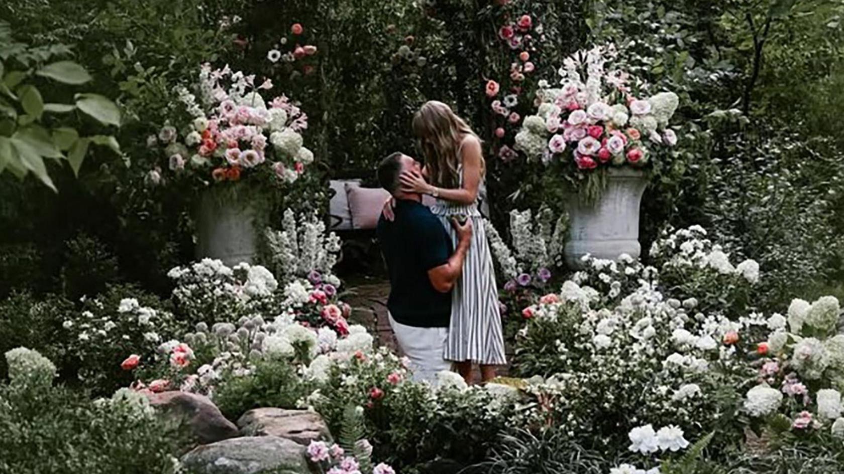 Taylor Swift and Travis Kelce in a floral background
