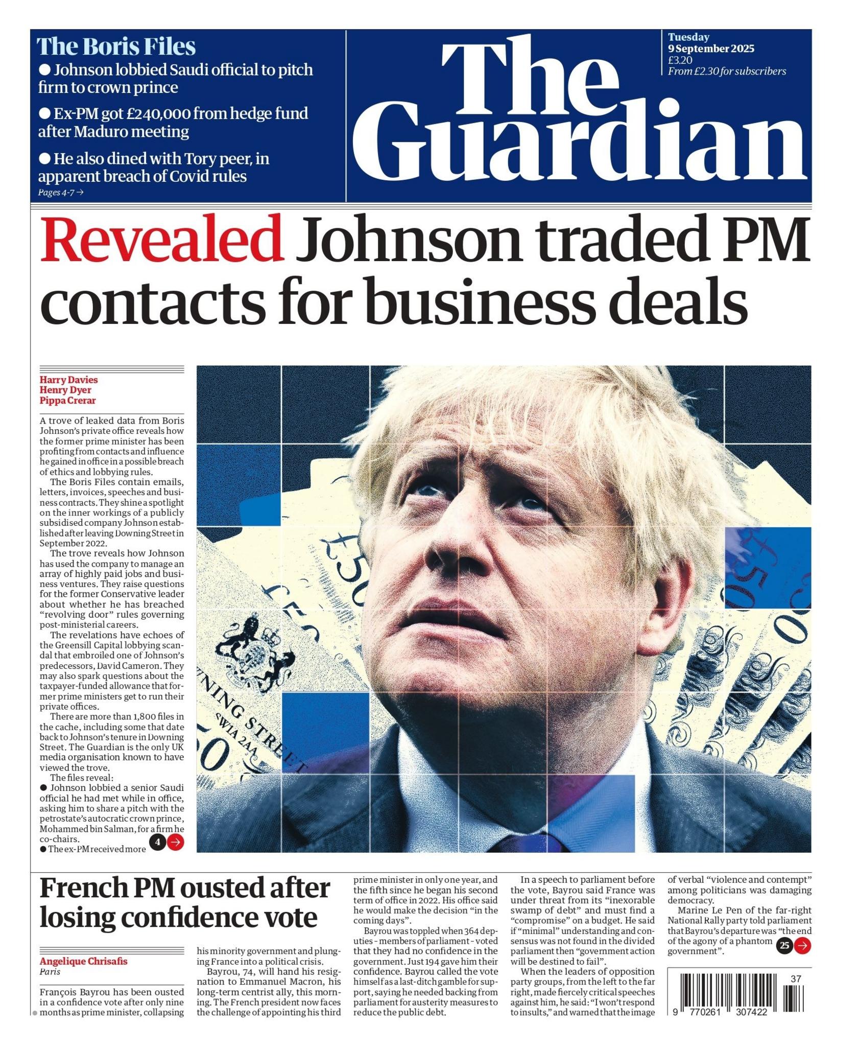 The headline on the front page of the Guardian reads: "Revealed: Johnson traded PM contacts for business deals".