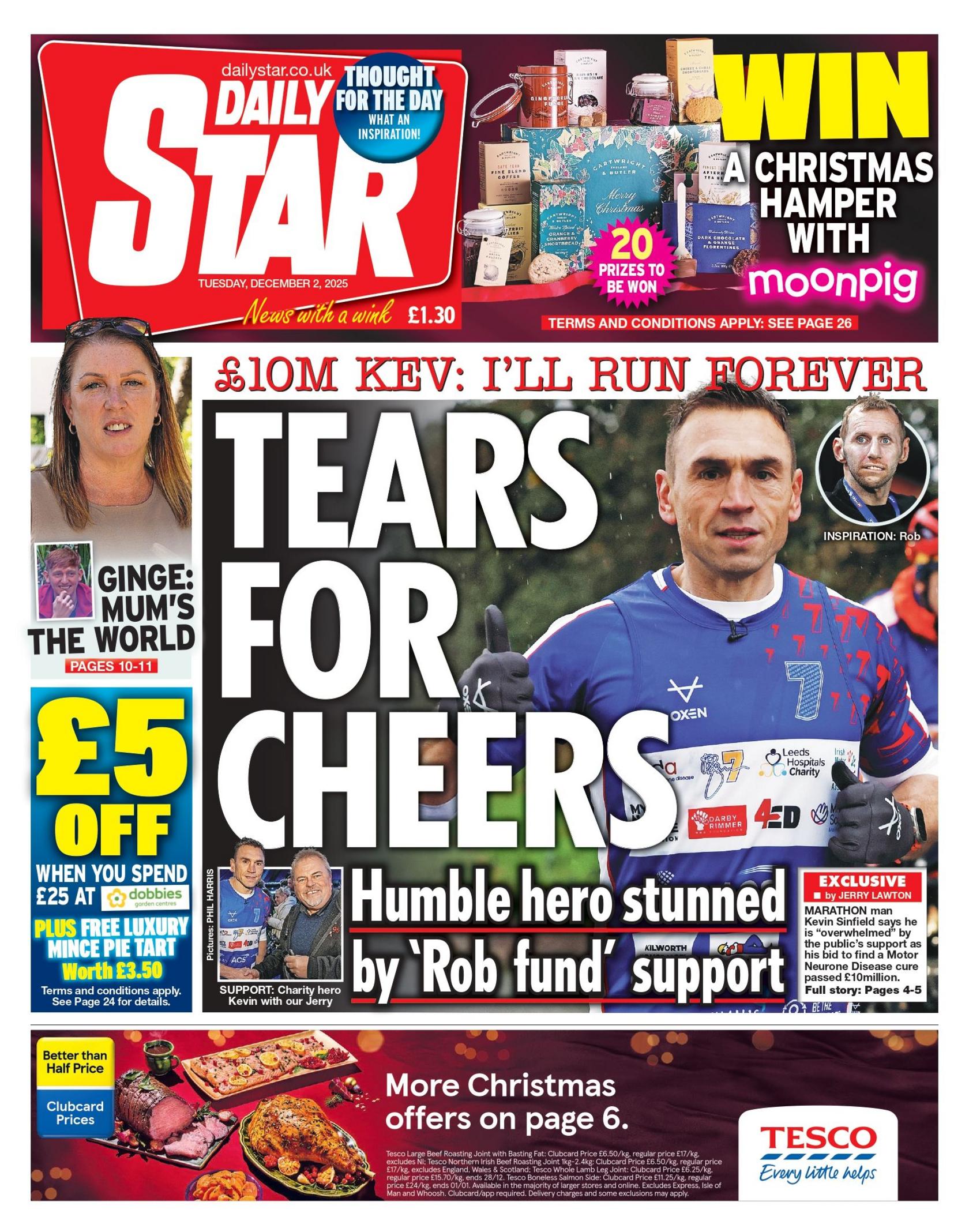 "Tears for cheers" reads the headline on the front page of the Daily Star.
