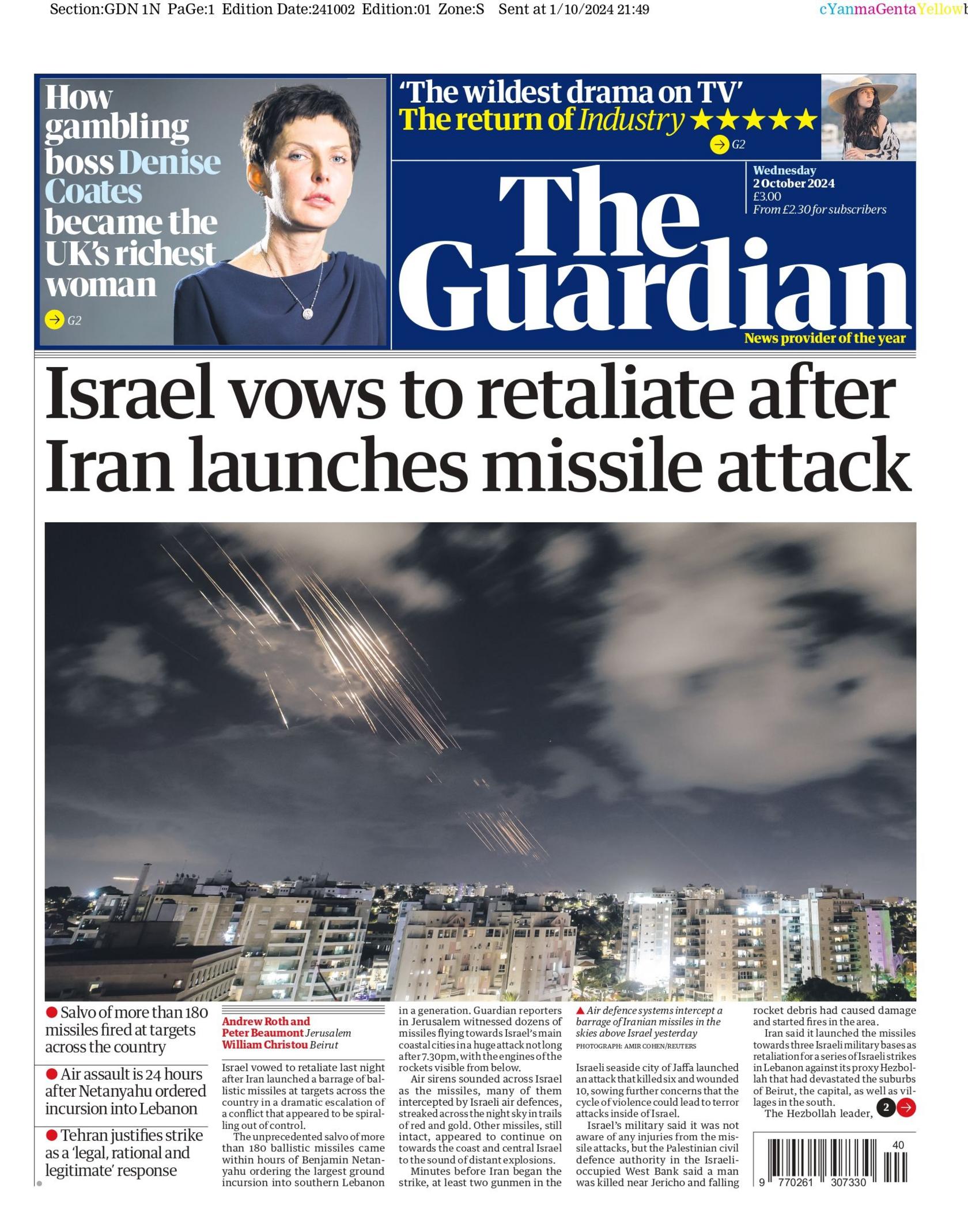 The Guardian front page for 2 October  