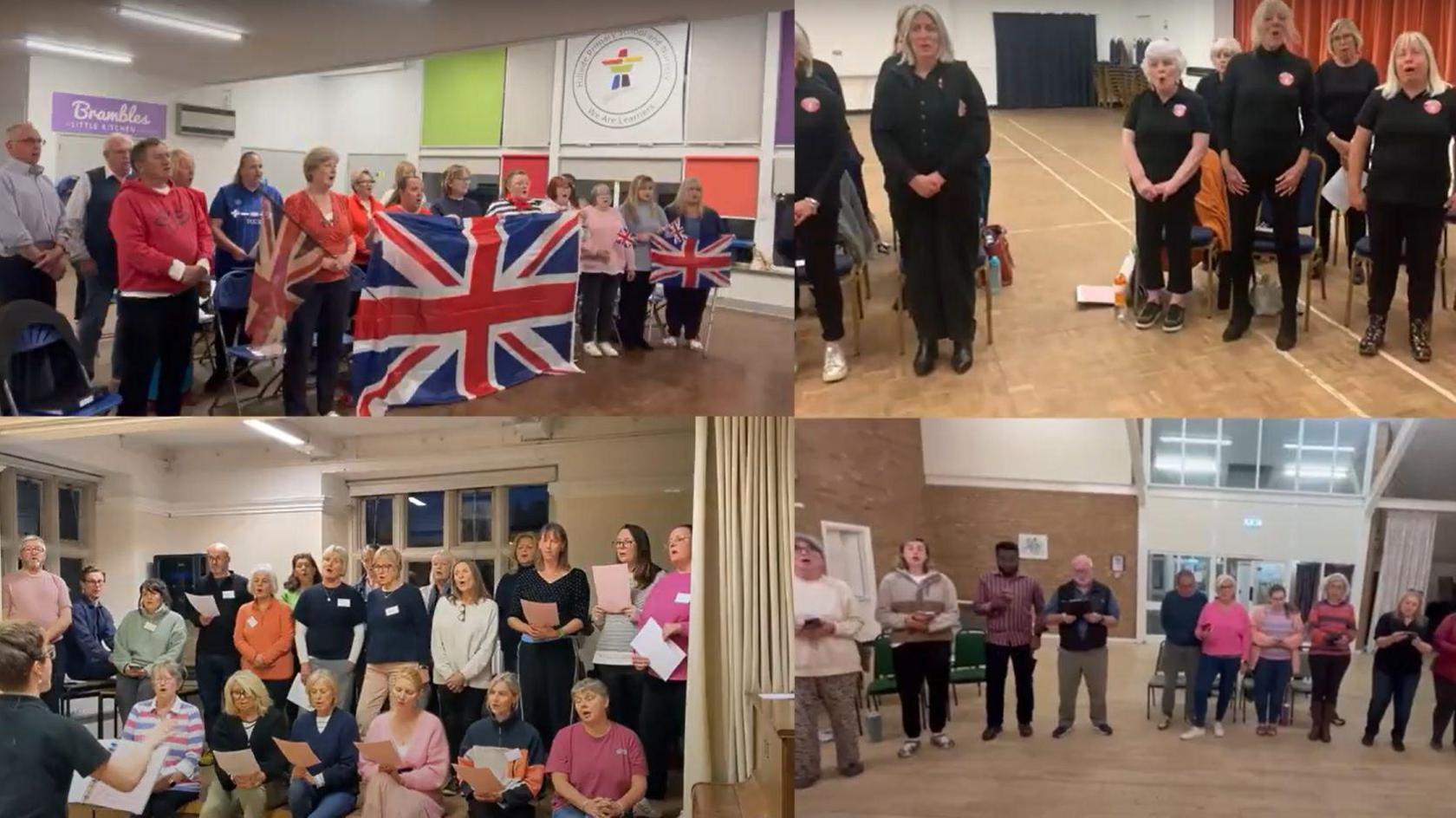 A screen grab of a video which is split in to four quarters with a different choir seen in each one. One group is holding a large union jack and some are holding sheet music and singing.