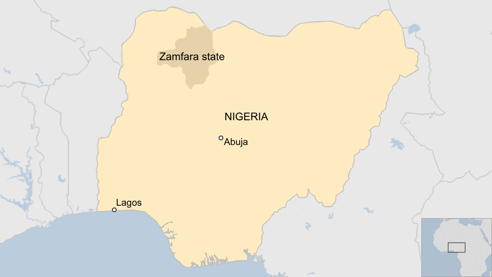 A map of Nigeria showing Zamfara state, as well as the locations of Lagos and Abuja.