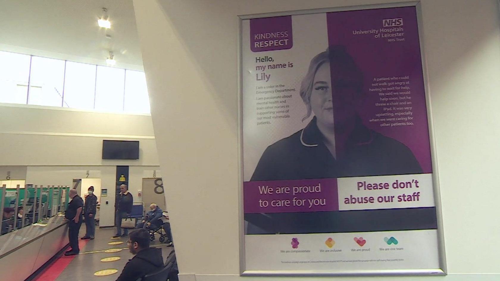 A poster saying 'please don't abuse our staff' in the Emergency Department of Leicester Royal Infirmary