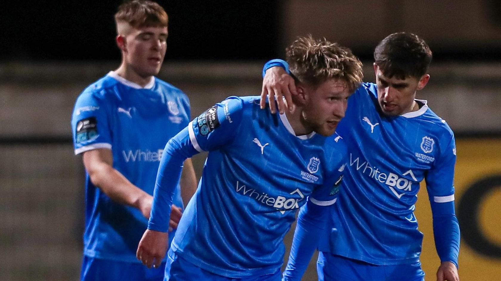 Kyle White is congratulated after netting Waterford's first goal