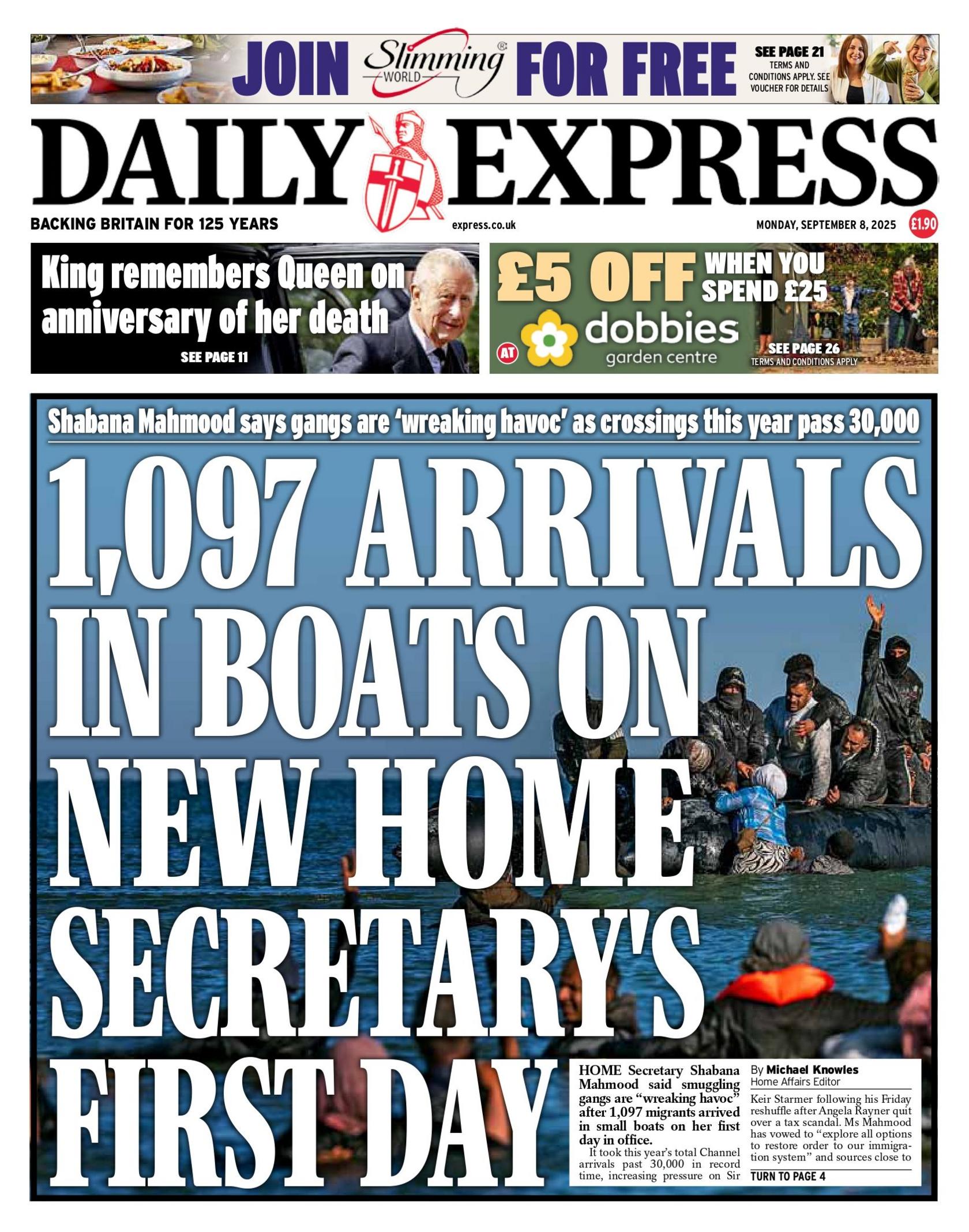 The headline on the front page of the Daily Express reads: "1,097 arrivals in boats on new home secretary's first day".
