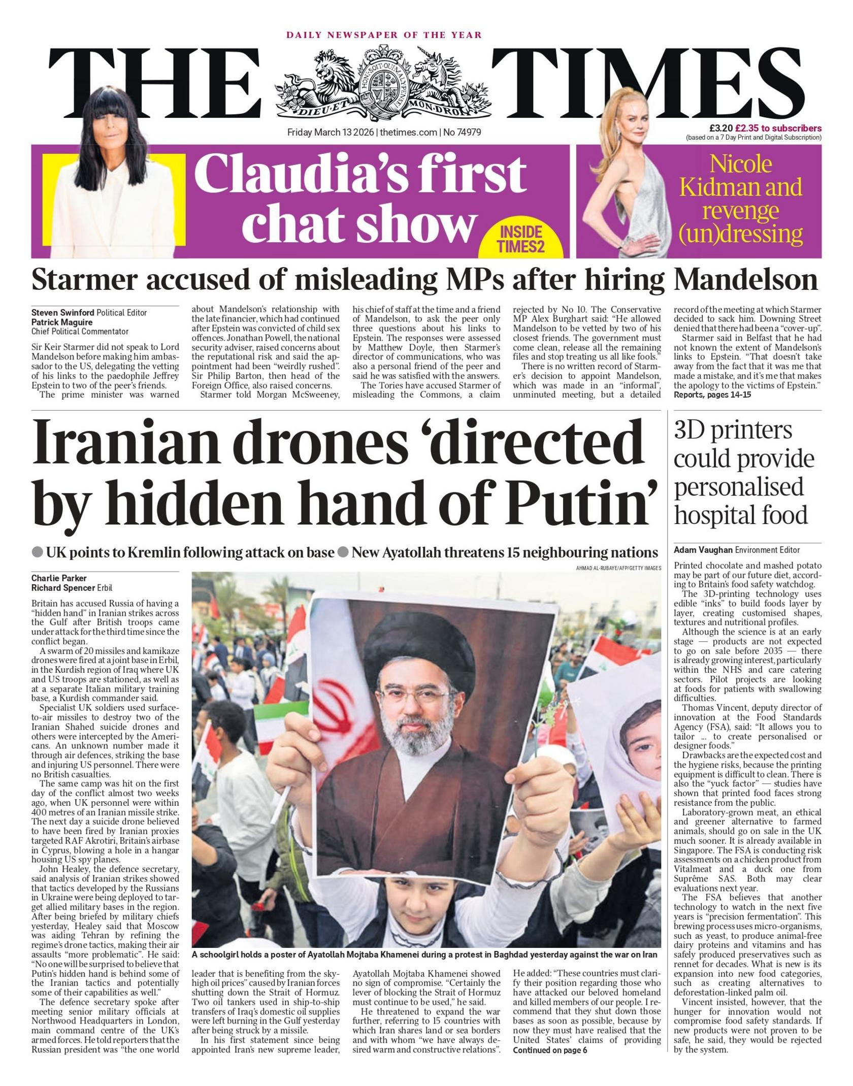 “Dronët iranianë ‘të drejtuar nga dora e fshehtë e Putinit’”, thuhet në titullin kryesor të faqes së parë të gazetës Times.