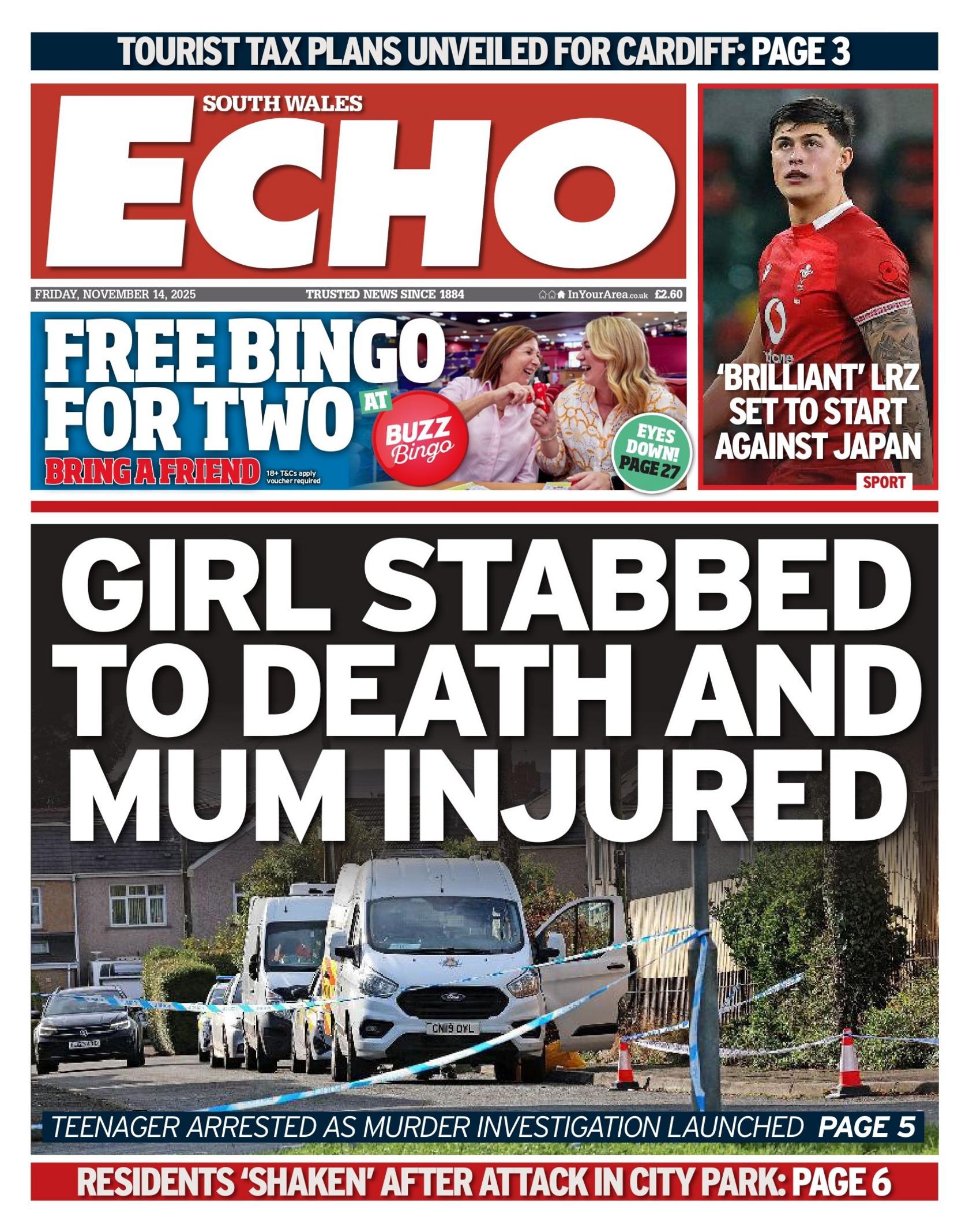 The front page of the South Wales Echo. Main headline reads: Girl stabbed to death and mum injured