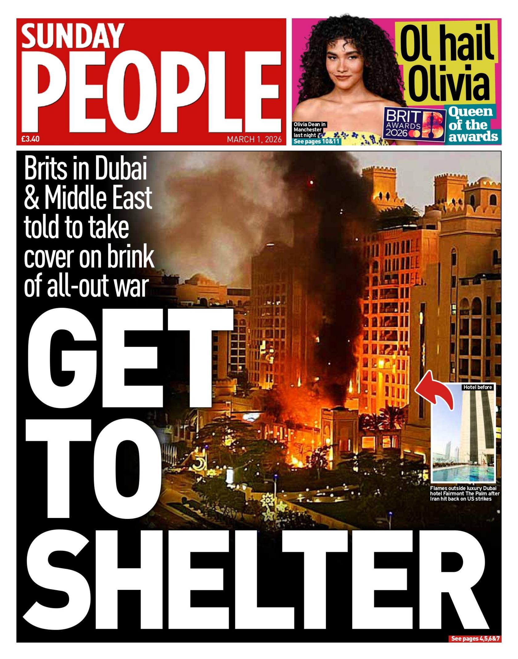 The headline on the front page of Sunday People reads: "Get to shelter".