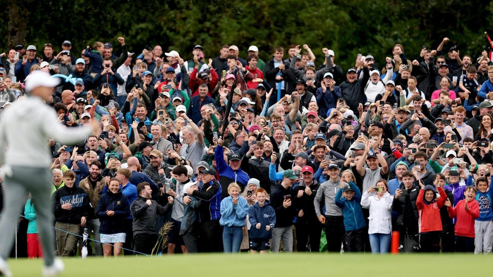 The fans at the K Club celebrate Rory McIlroy's eagle putt that forced a play-off at the Irish Open