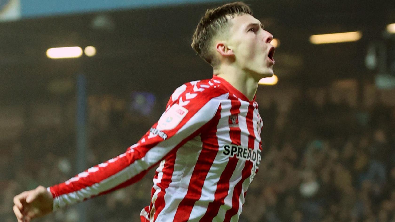 Sunderland midfielder Chris Rigg celebrating his equaliser during their match against Blackburn Rovers