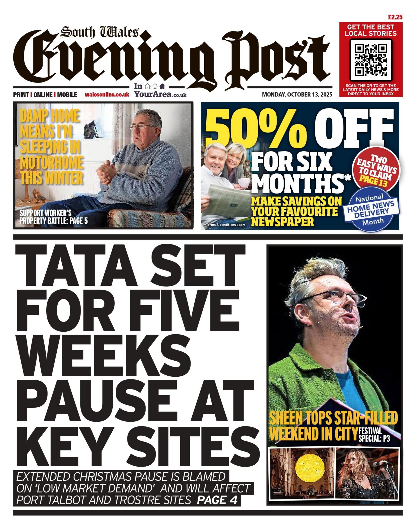 The main headline: 'tata set for five weeks pause at key sites' and an image to the right of it with a headline that says 'sheen tops star-filled weekend in city'