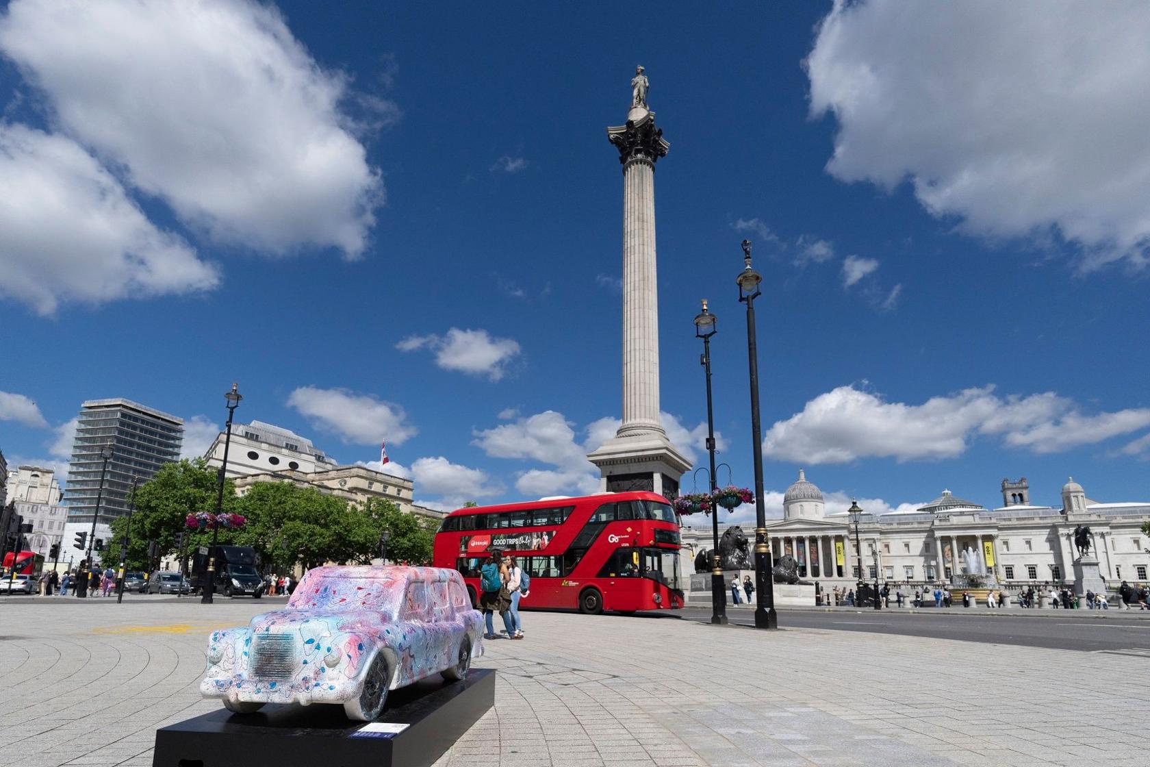 A sculpture of a London taxi outside Trafalgar Square