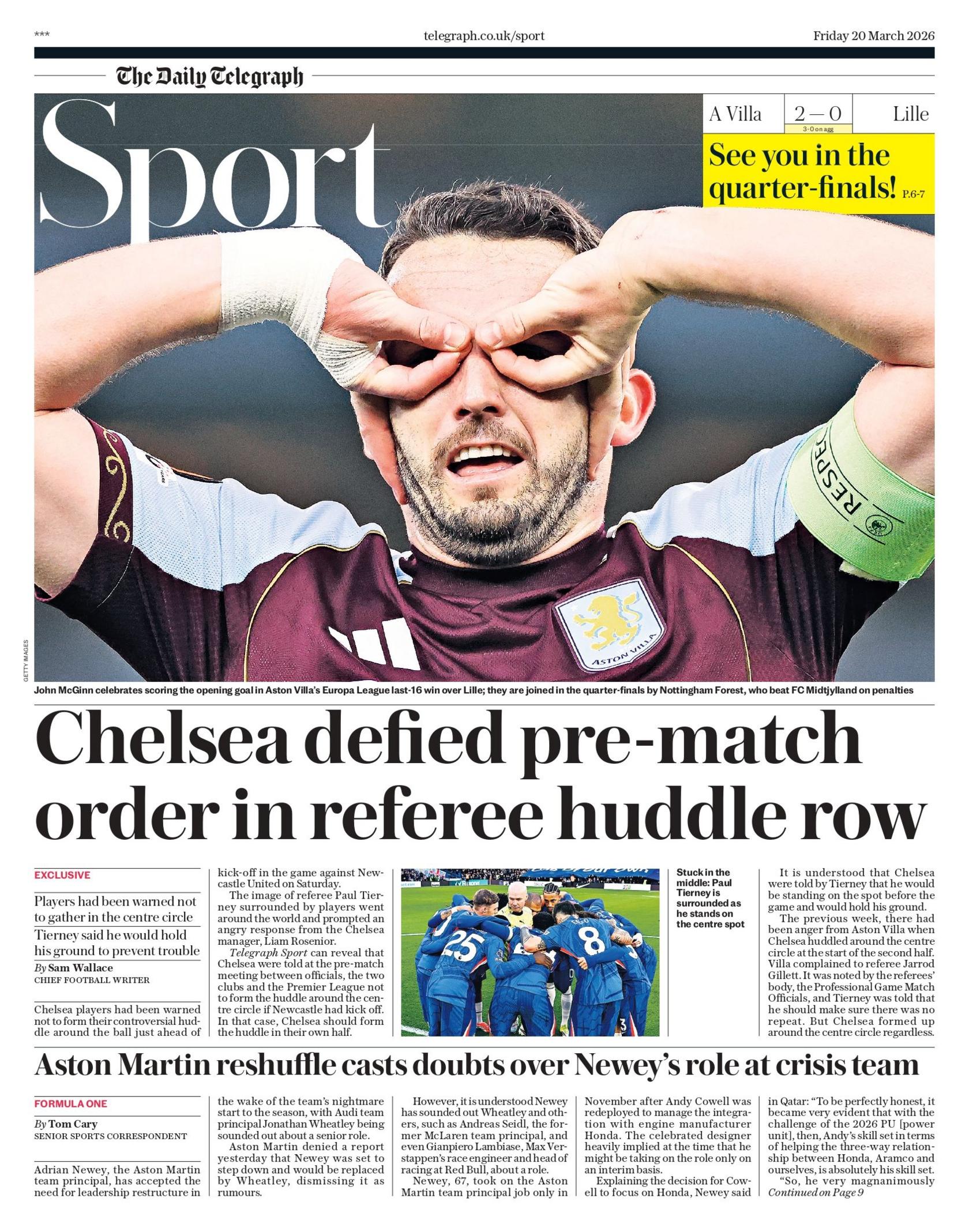 Back page of the Telegraph with the headline "Chelsea defied pre-match order in referee huddle row".